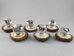 6 Place Cards Holders in Solid Silver and Hunting Theme Horn