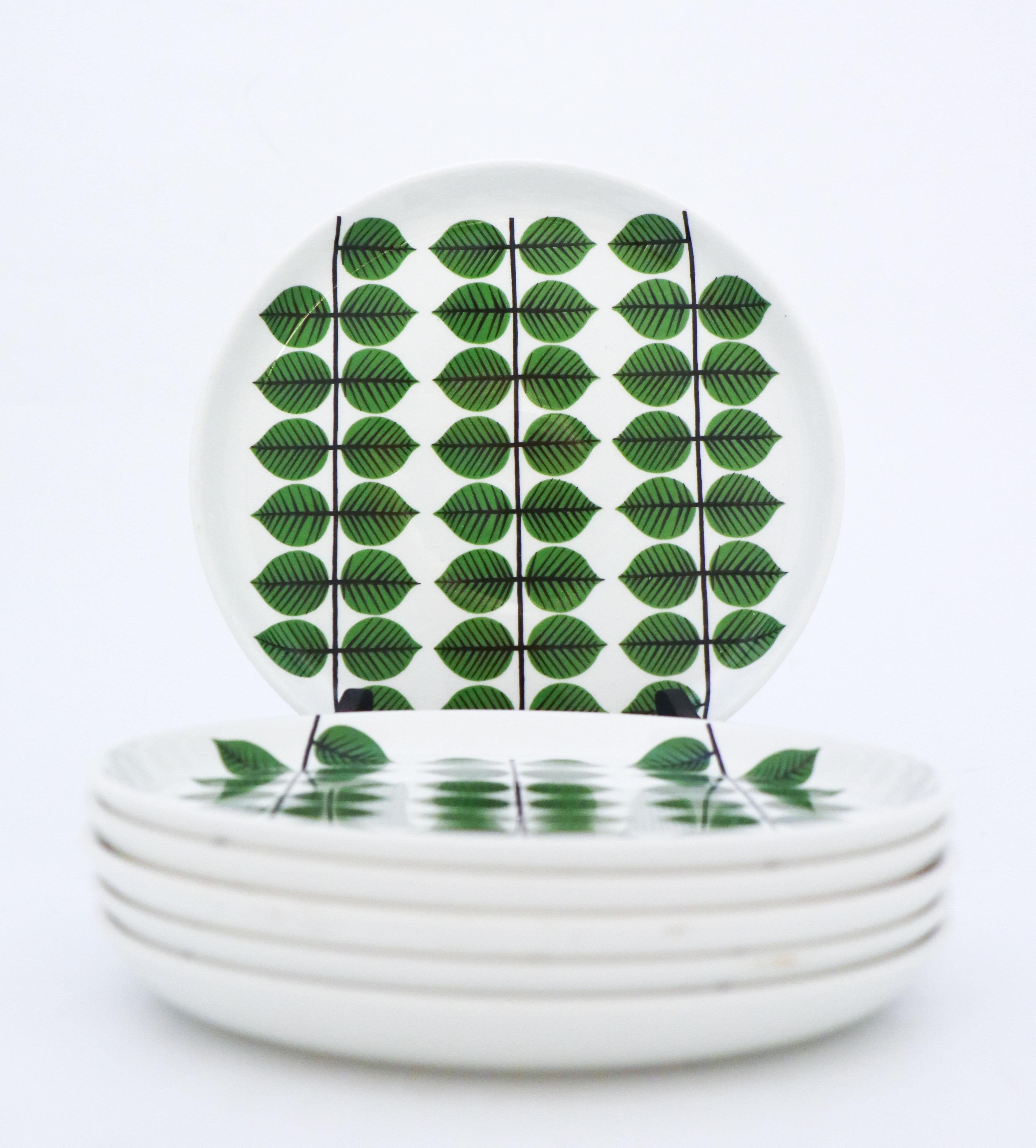 Glazed 6 Plates, Stig Lindberg, Gustavsberg, Sweden, Berså / Bersa Green Leafs