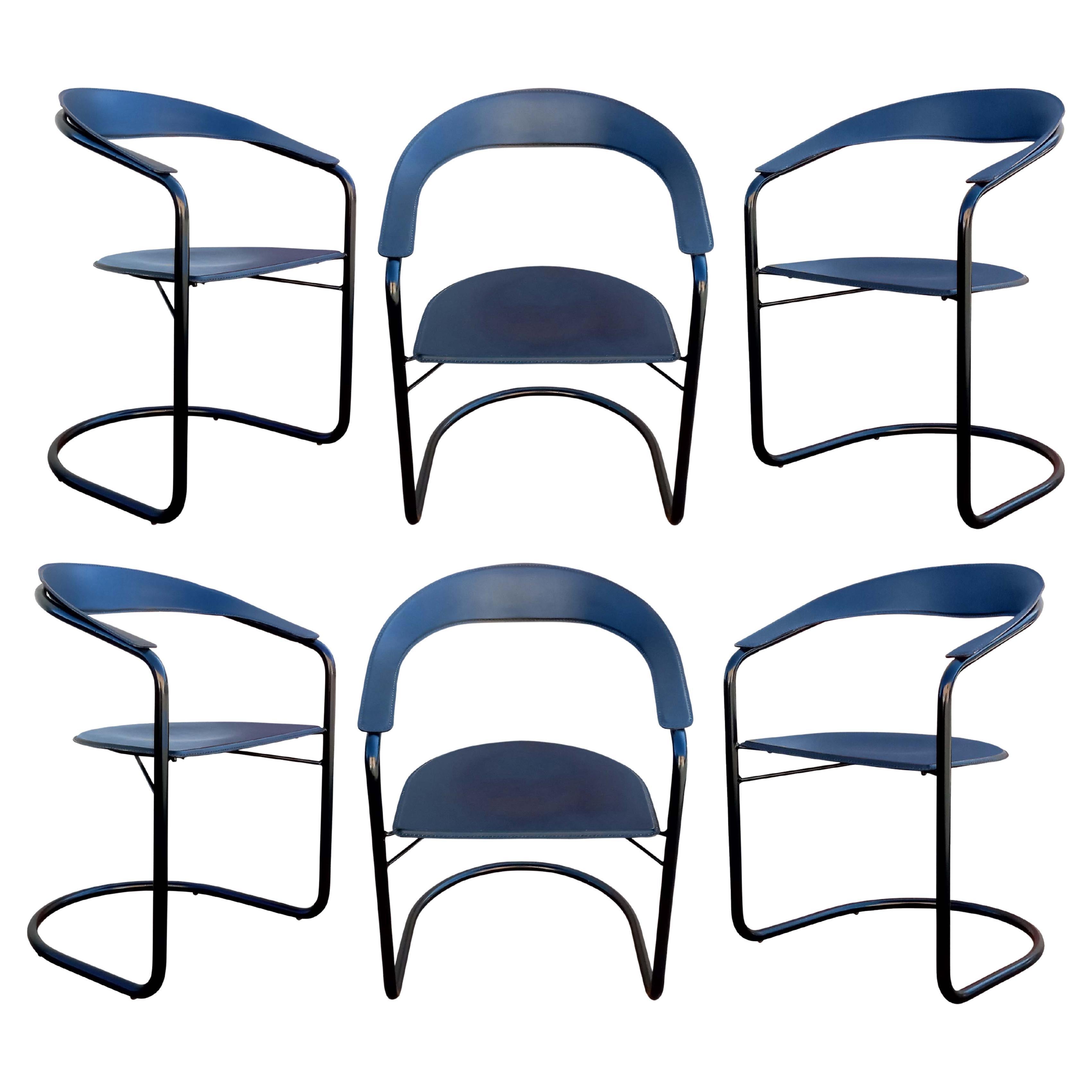 6 Post-Modern Arrben Italy 'Canasta' Armchairs Leather Enameled Tubular Steel