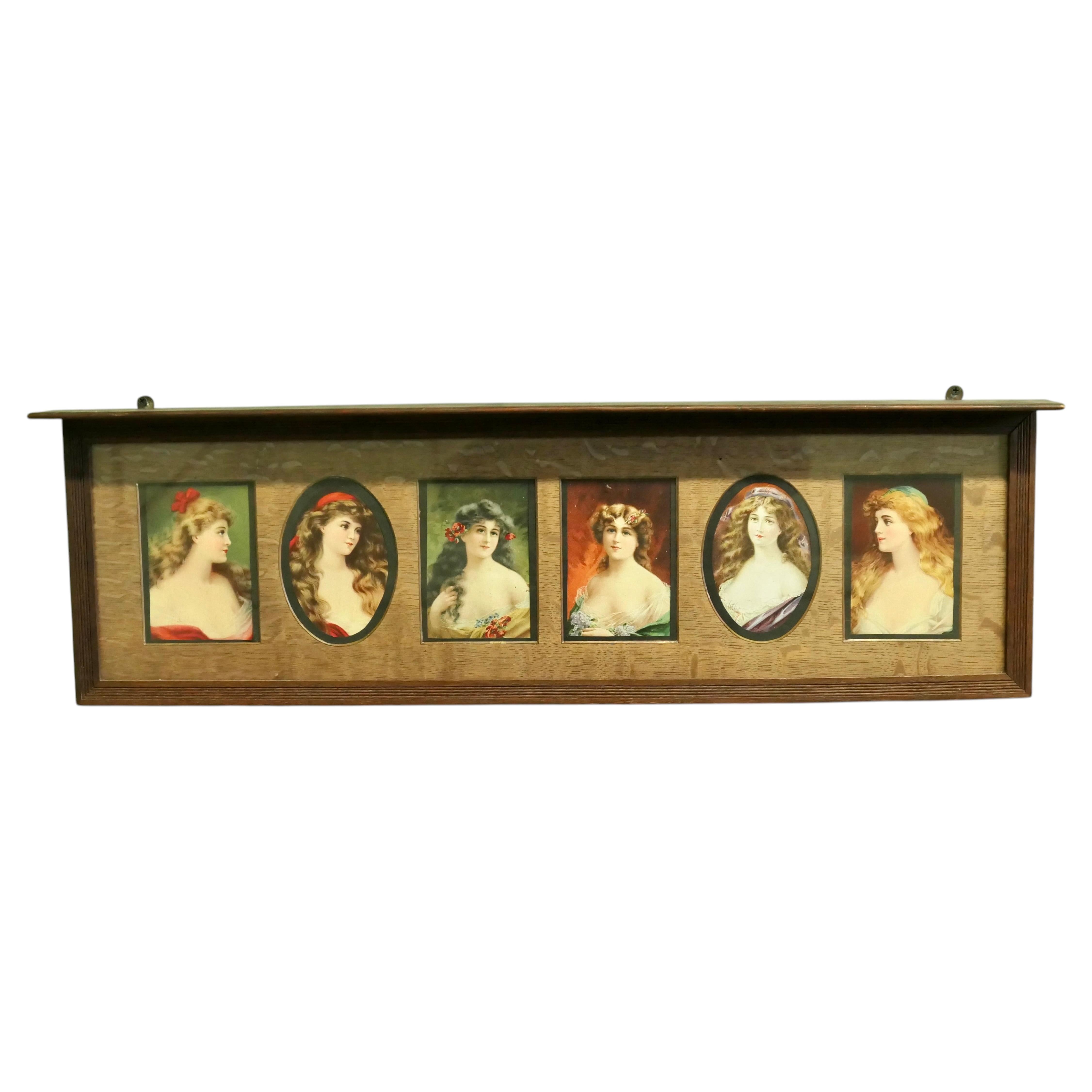6 portraits préraphaélites montés sur une étagère en Oak en vente