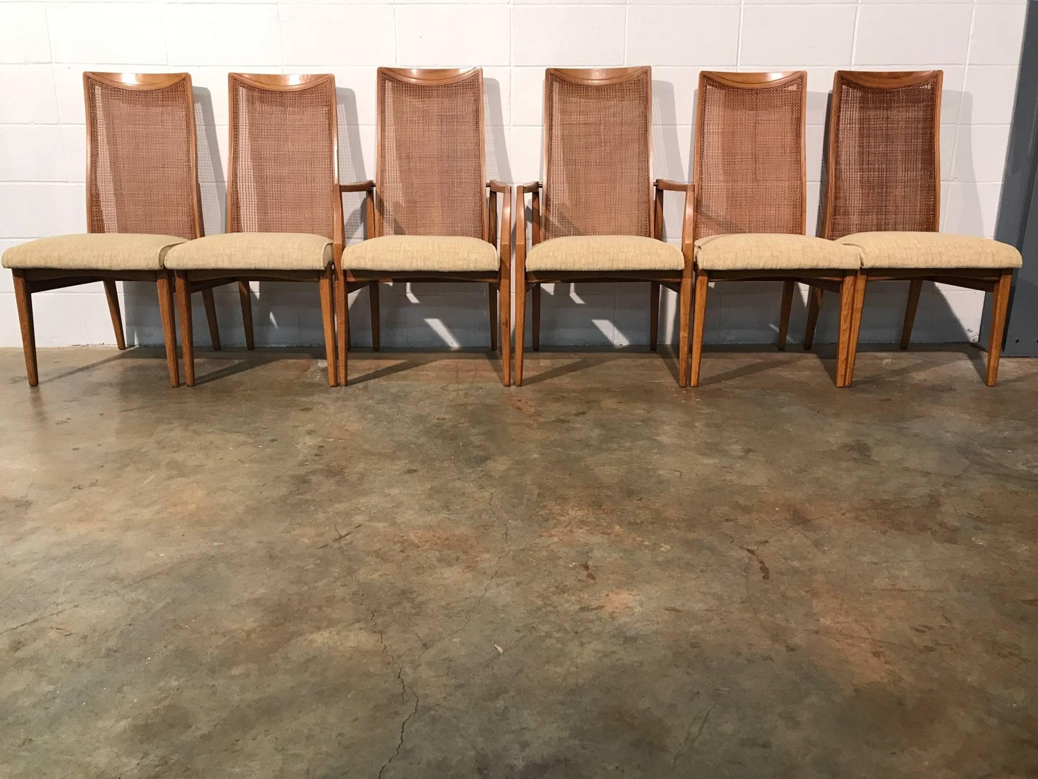 Six quality Mid-Century Modern dining chairs by Heritage Furniture.
As part of the Heritage Perrenian collection these chairs are among some of the more uncommon chairs to show up on the market. They are of high quality construction and still
