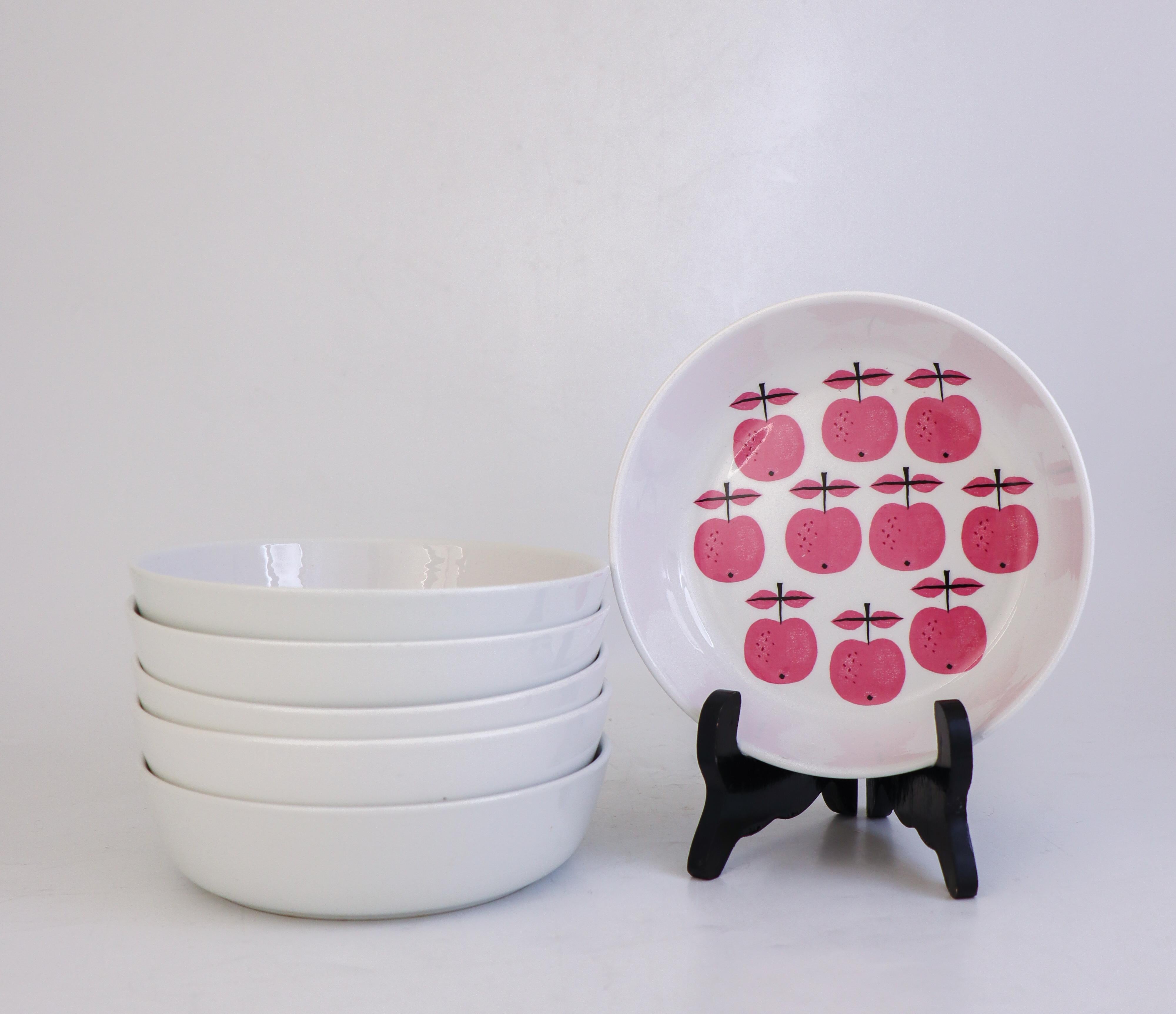 6 Raros cuencos de desayuno - Pall - Stig Lindberg - Gustavsberg 1963 - Manzanas rosas Escandinavo moderno en venta