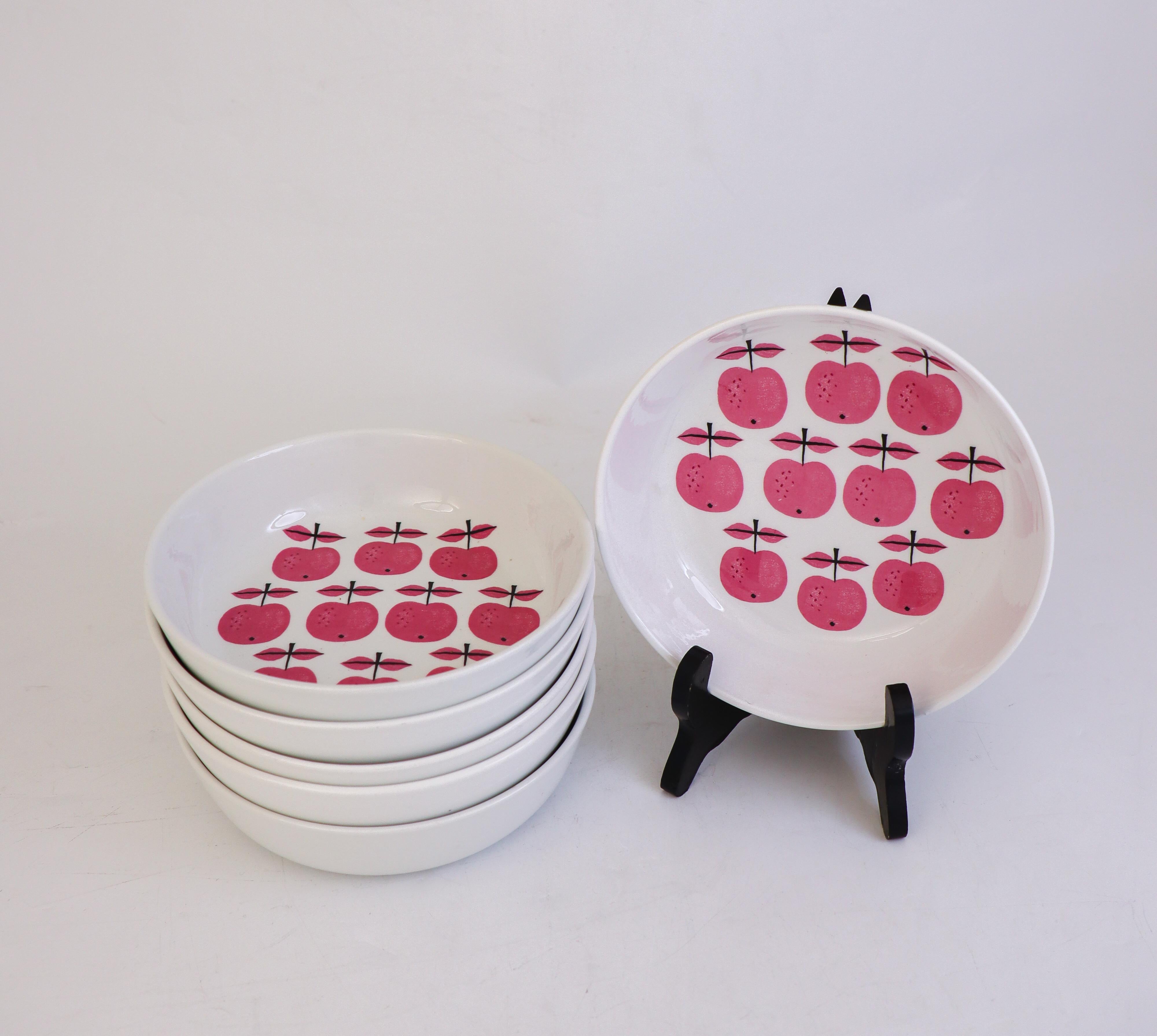 6 Raros cuencos de desayuno - Pall - Stig Lindberg - Gustavsberg 1963 - Manzanas rosas Sueco en venta