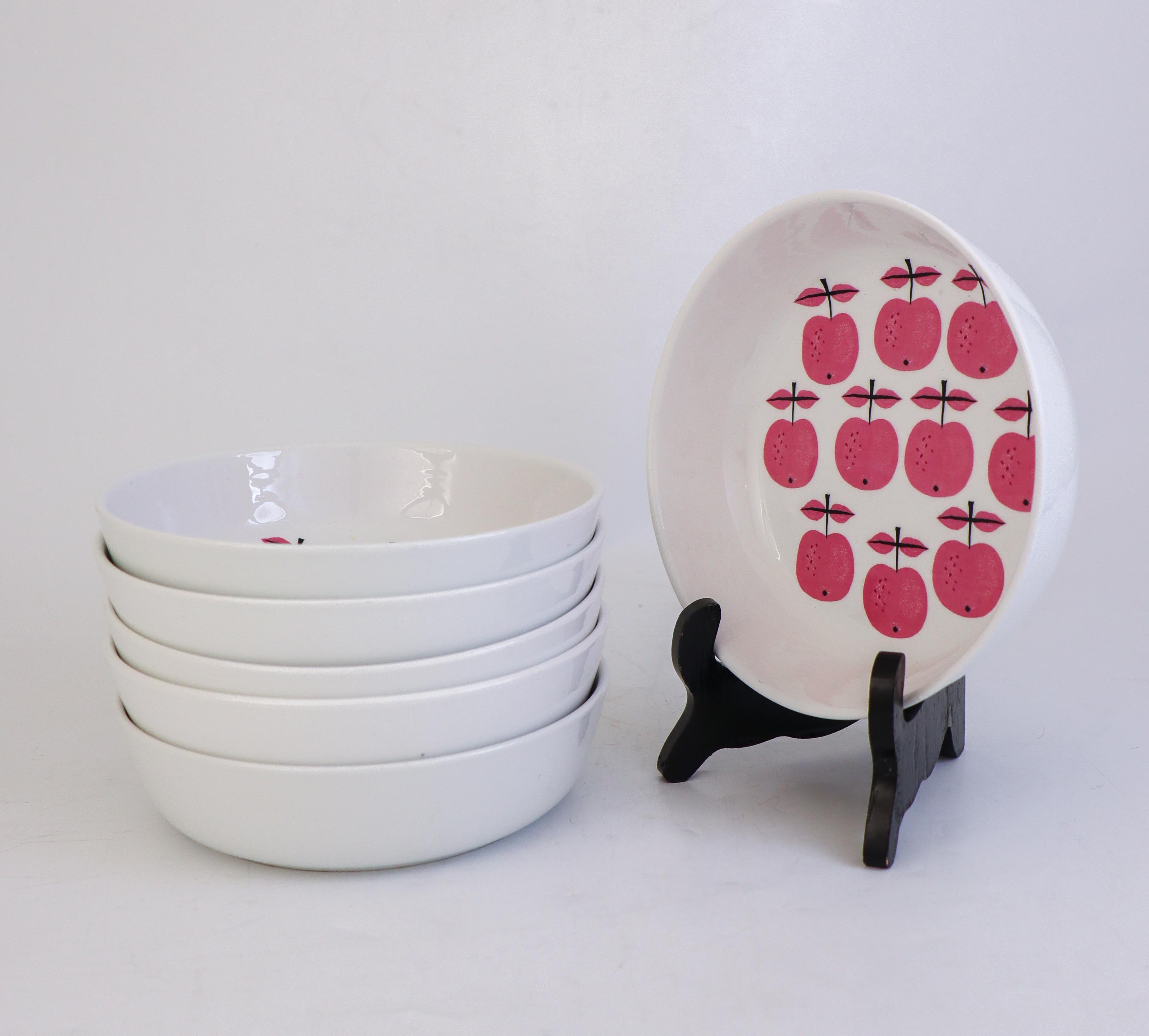 6 Raros cuencos de desayuno - Pall - Stig Lindberg - Gustavsberg 1963 - Manzanas rosas Glaseado en venta