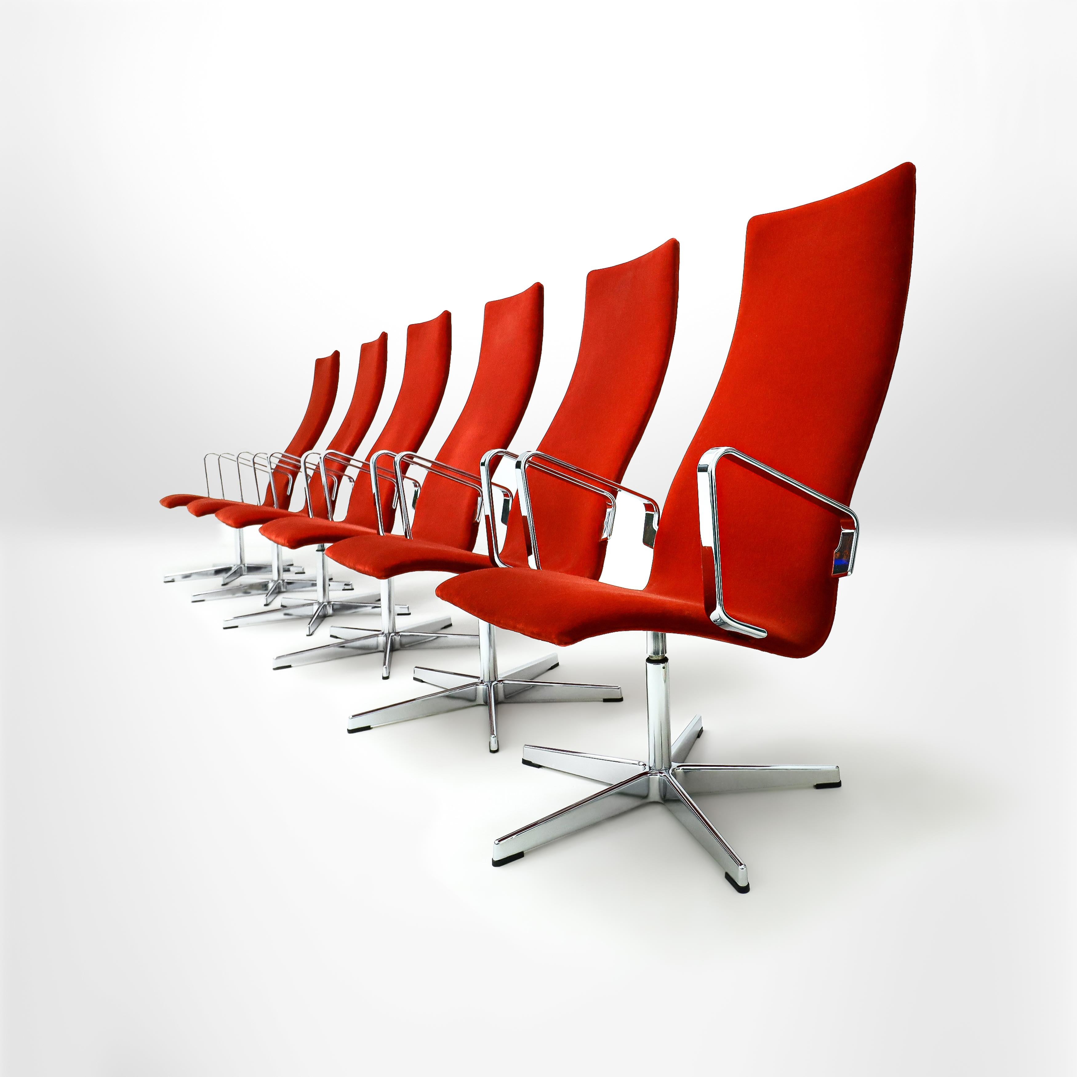 Mid-Century Modern 6 rare lounge version Arne Jacobsen Oxford chairs in vibrant Ferrari red velvet For Sale