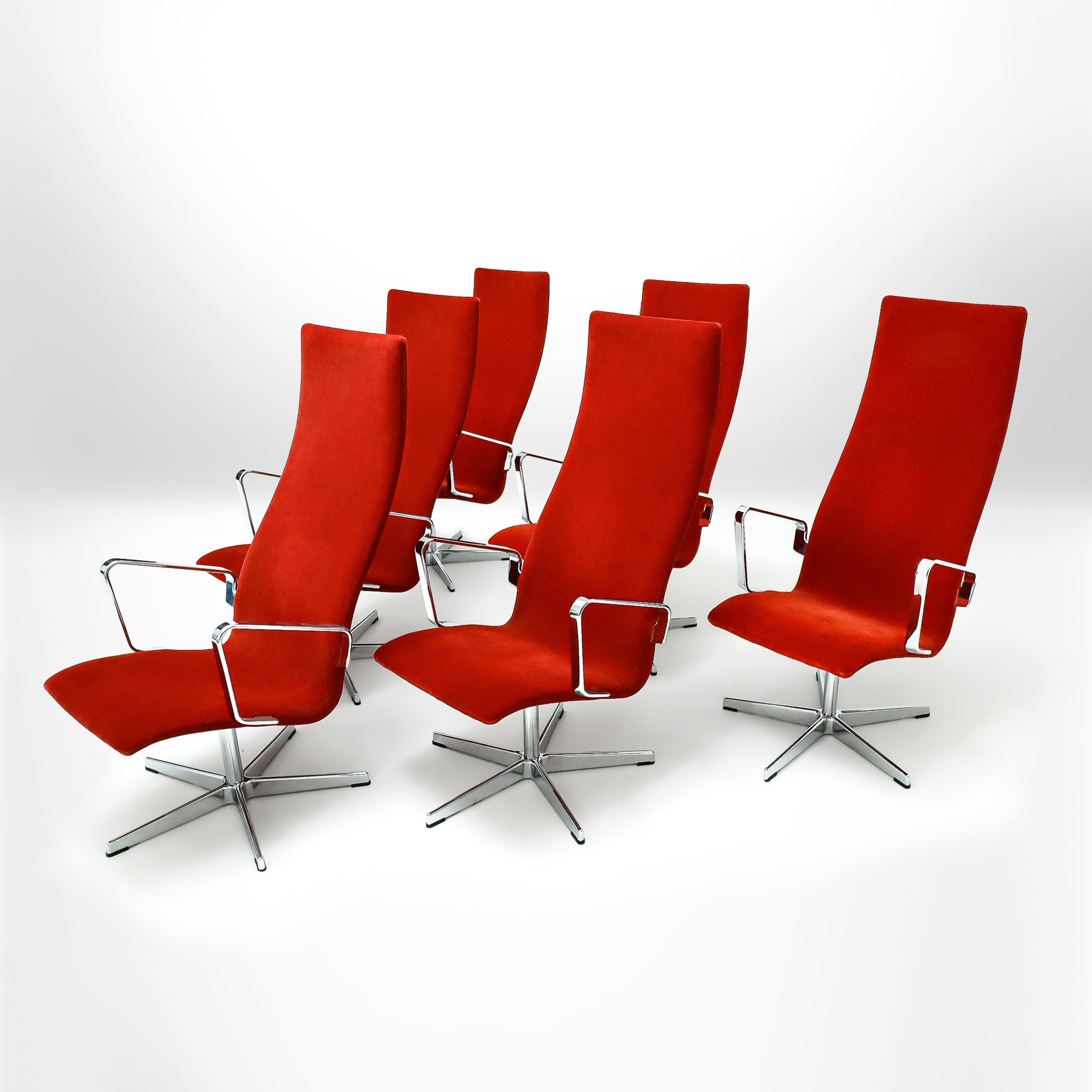 Danish 6 rare lounge version Arne Jacobsen Oxford chairs in vibrant Ferrari red velvet For Sale