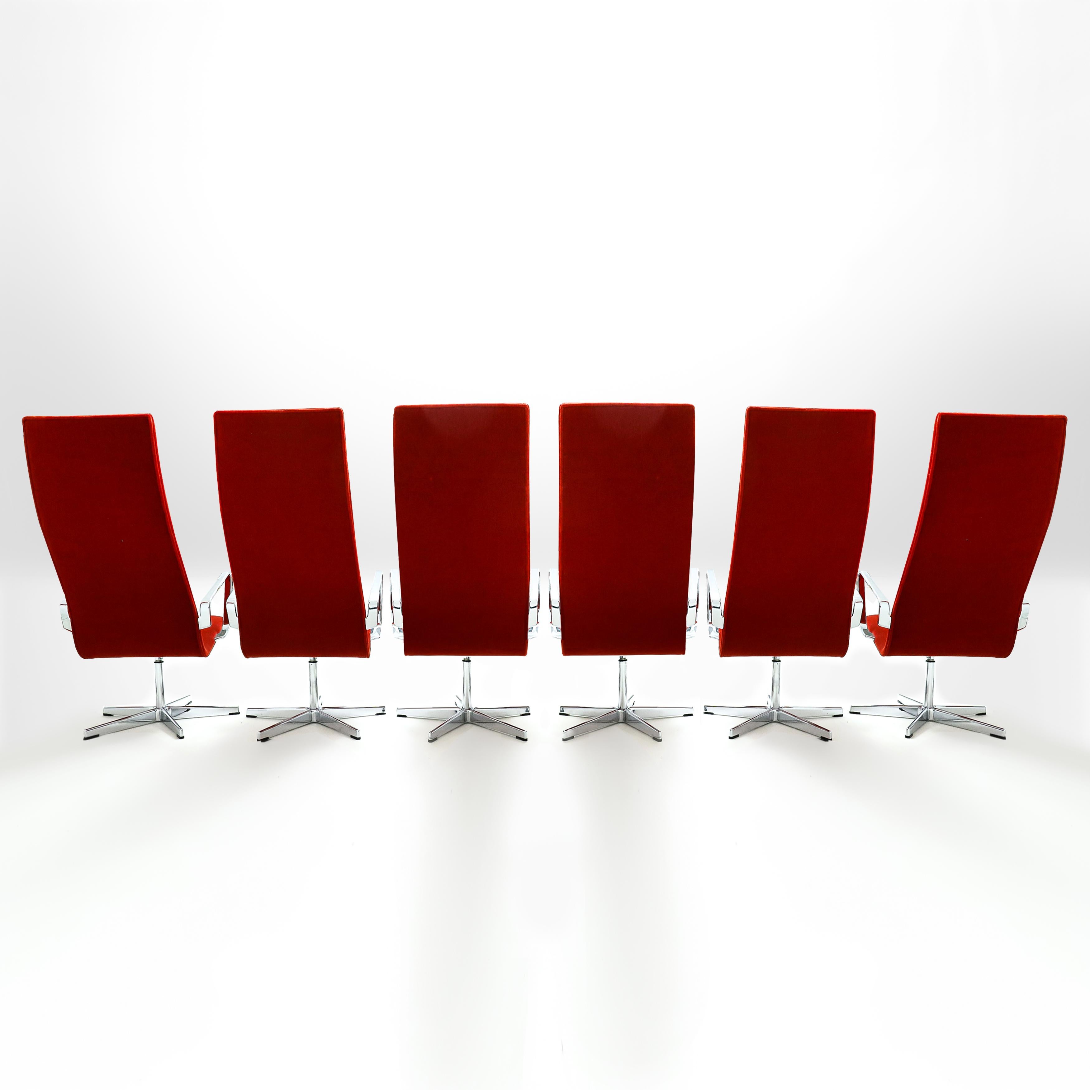 Contemporary 6 rare lounge version Arne Jacobsen Oxford chairs in vibrant Ferrari red velvet For Sale