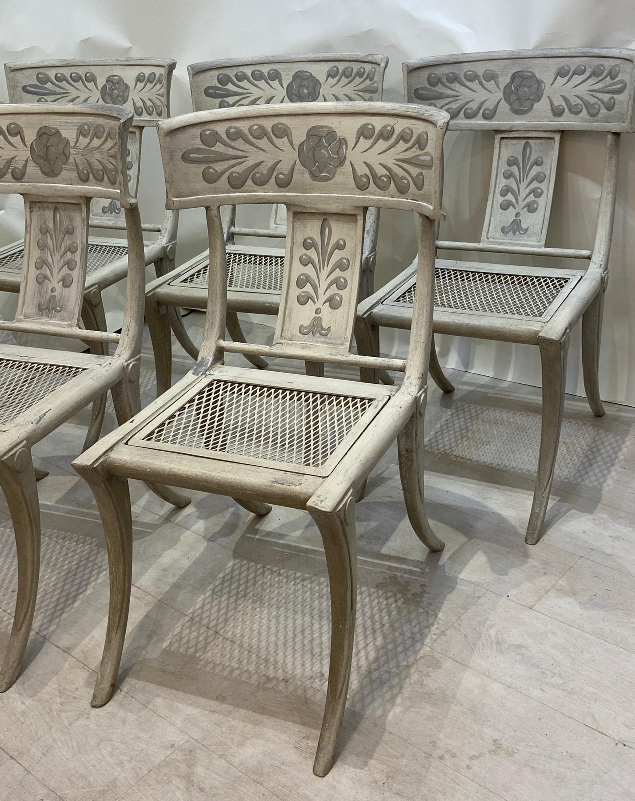 Set of 6 rare and important Swedish Neoclassical painted metal kilsmos chairs. ( see Doyle auction David Eastman Collection sale otdeo1 lot 534) Some paint loss and some professional restorations. In very good Condition very sturdy. These are well