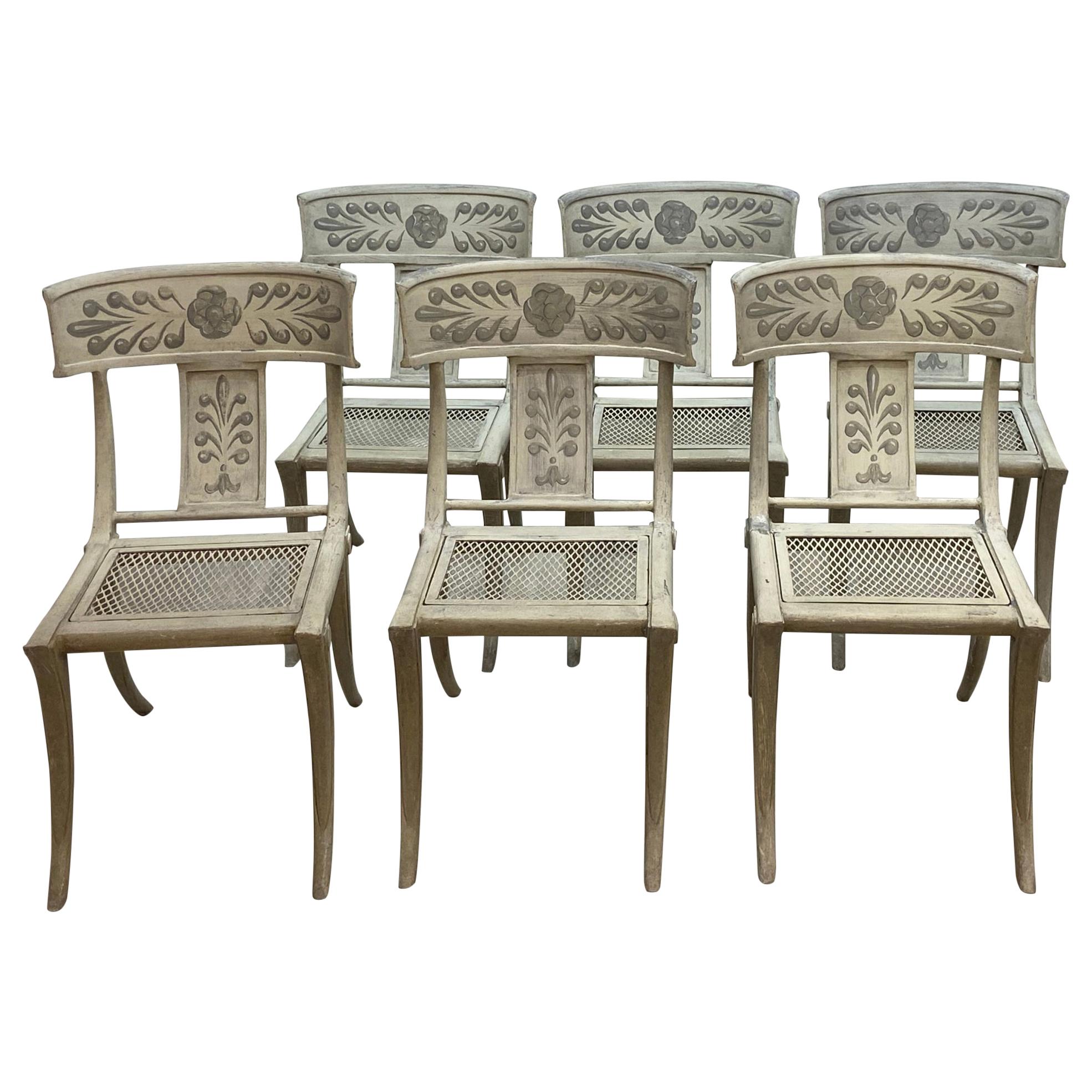 6 Rare Swedish Neoclassical Painted Metal Klismos Dining Chairs