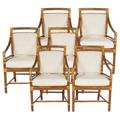 Antique 6 Rattan Armchairs with Raw Hide Lace, Cushions and Back Pads by McGuire, 20th C