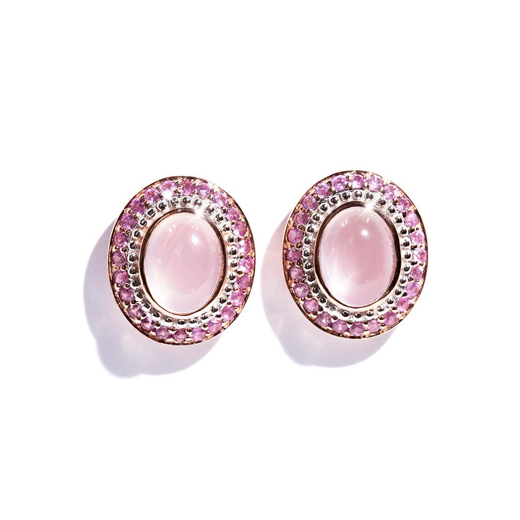 Women's 6-Ray Star Rose Quartz Oval Cabochon and Pink Sapphire 9 Carat Rose Gold Studs