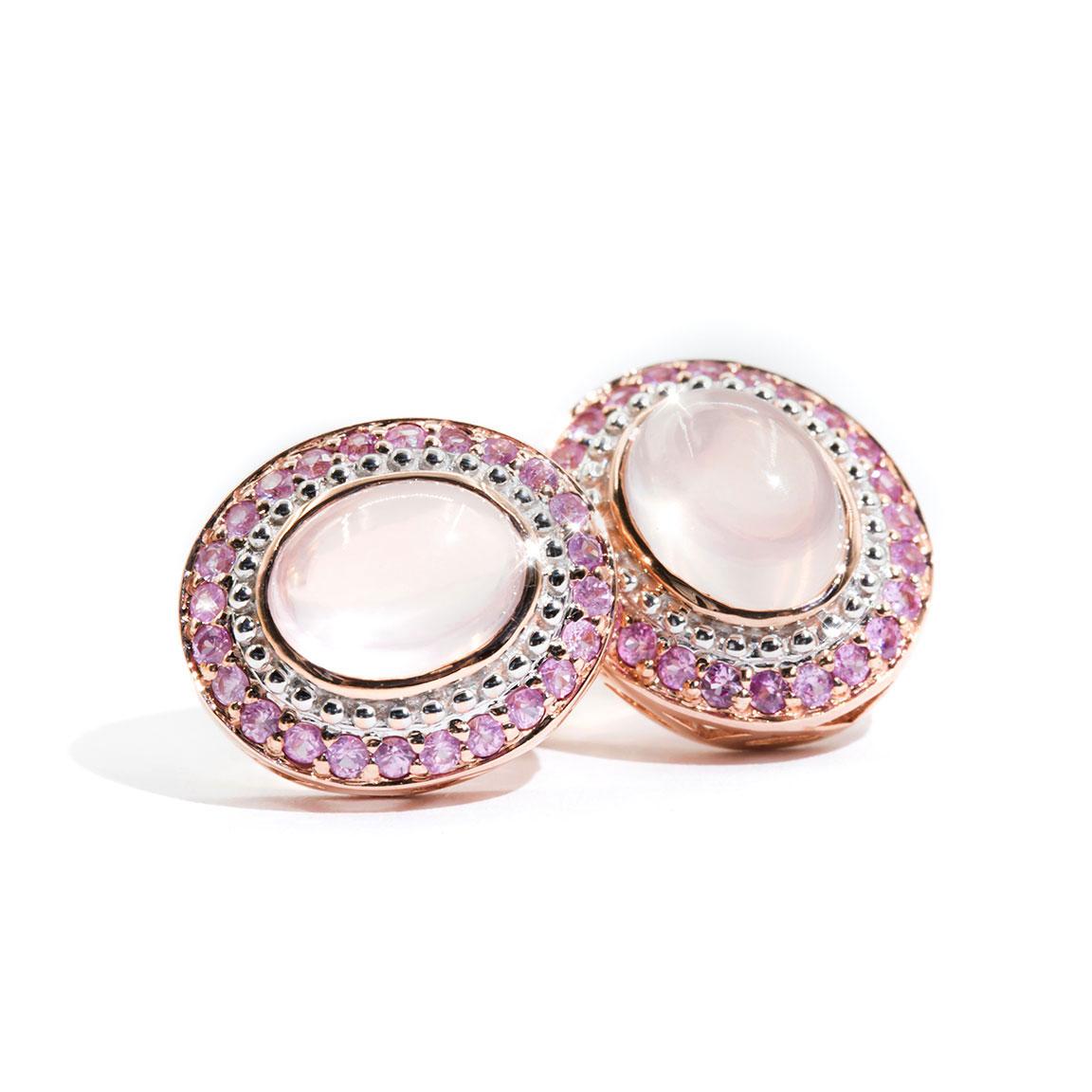 6-Ray Star Rose Quartz Oval Cabochon and Pink Sapphire 9 Carat Rose Gold Studs 1