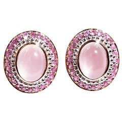 6-Ray Star Rose Quartz Oval Cabochon and Pink Sapphire 9 Carat Rose Gold Studs