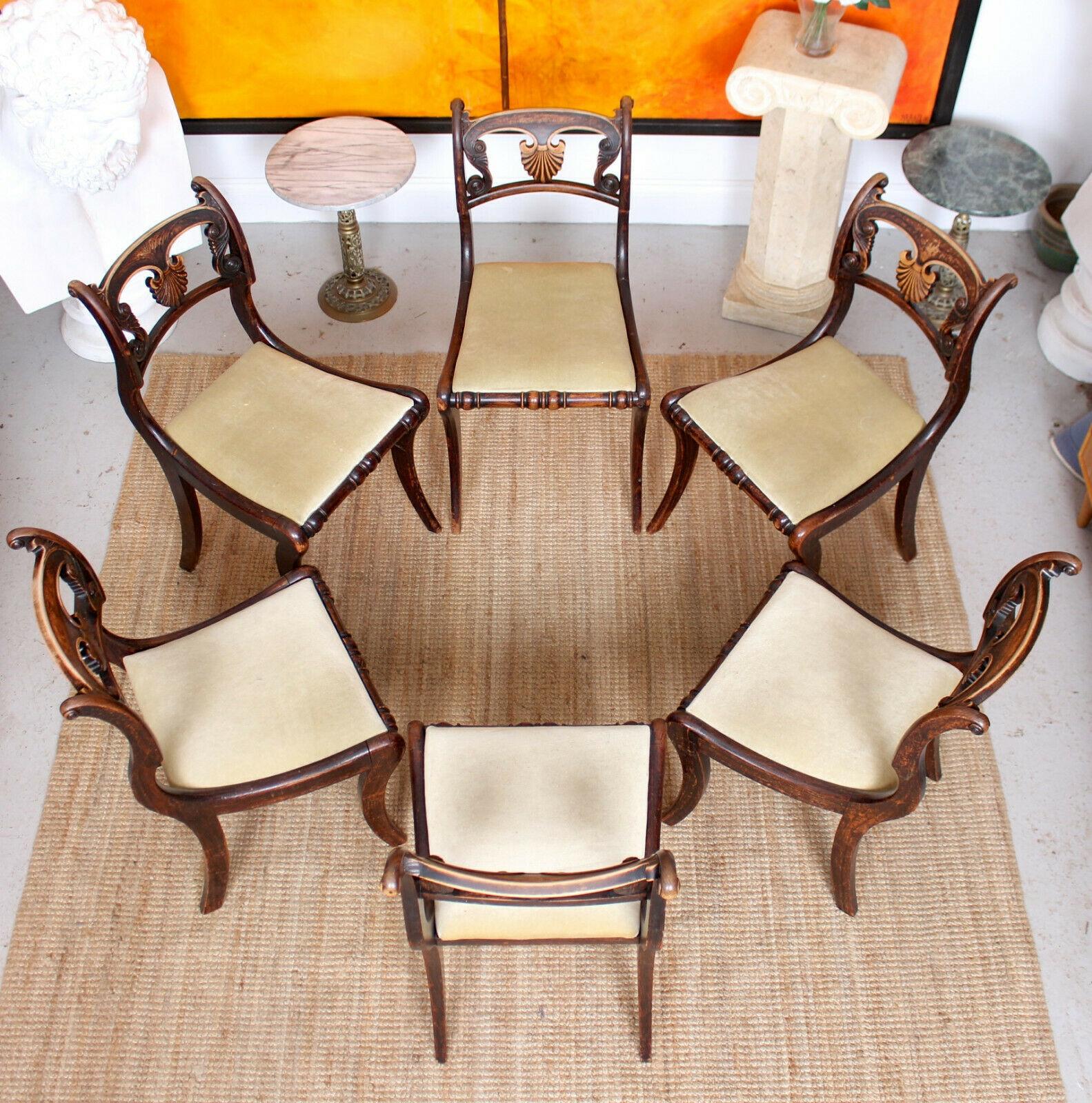 6 Regency Dining Chairs Harlequin Painted Rosewood Carved For Sale 3