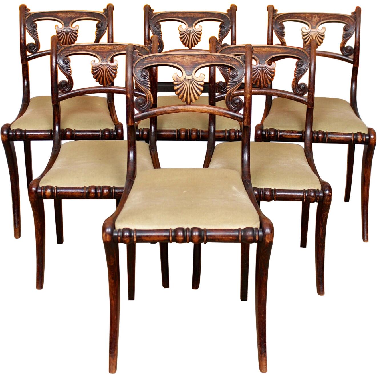 6 Regency Dining Chairs Harlequin Painted Rosewood Carved For Sale