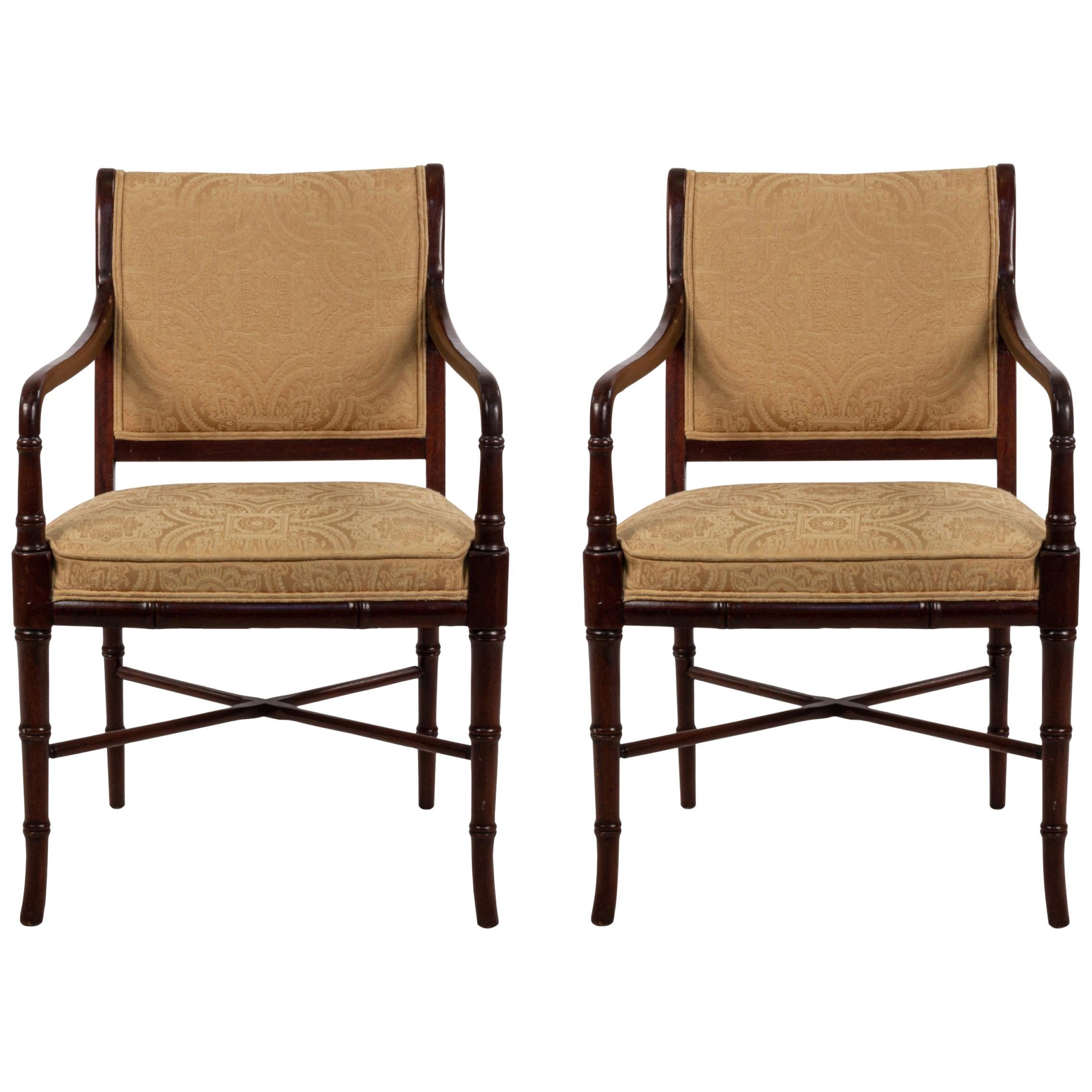6 Regency Style Mahogany Armchairs with Yellow Damask Upholstery