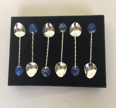 6 rhodinierte Teelöffel aus Sterlingsilber mit Lapislazuli-Steinen:: Marina J