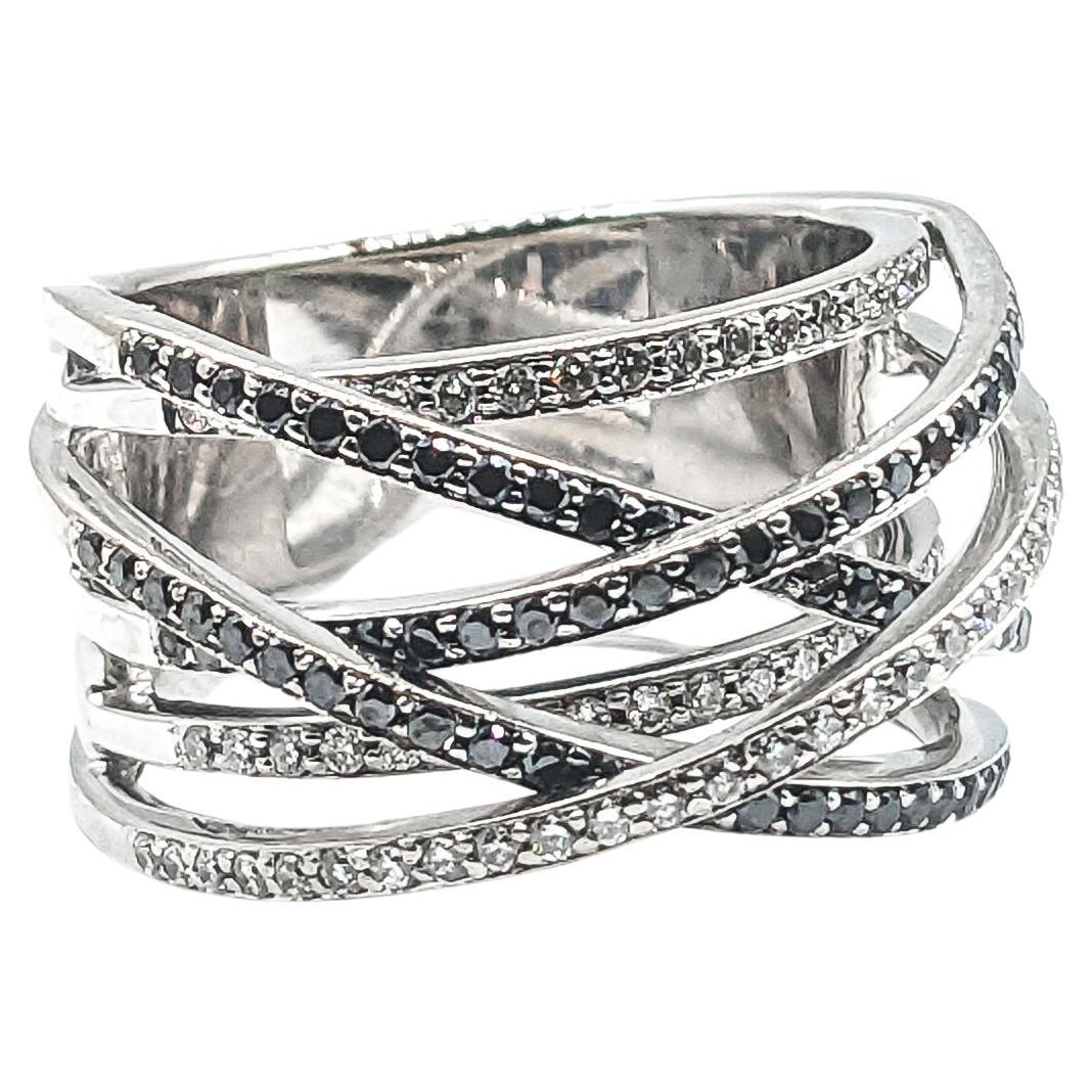 6 Row Crossover Black & White Diamond Ring In White Gold  For Sale