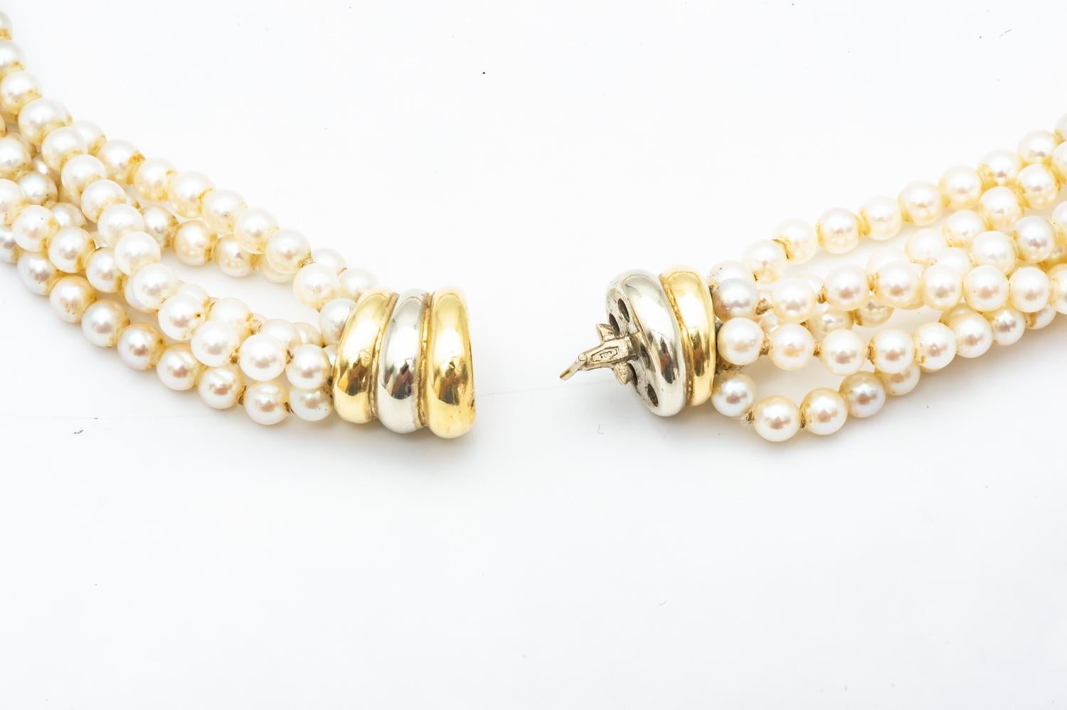 Bead 6 Row Cultured Pearls Necklace with 18K Yellow and White Gold Clasp