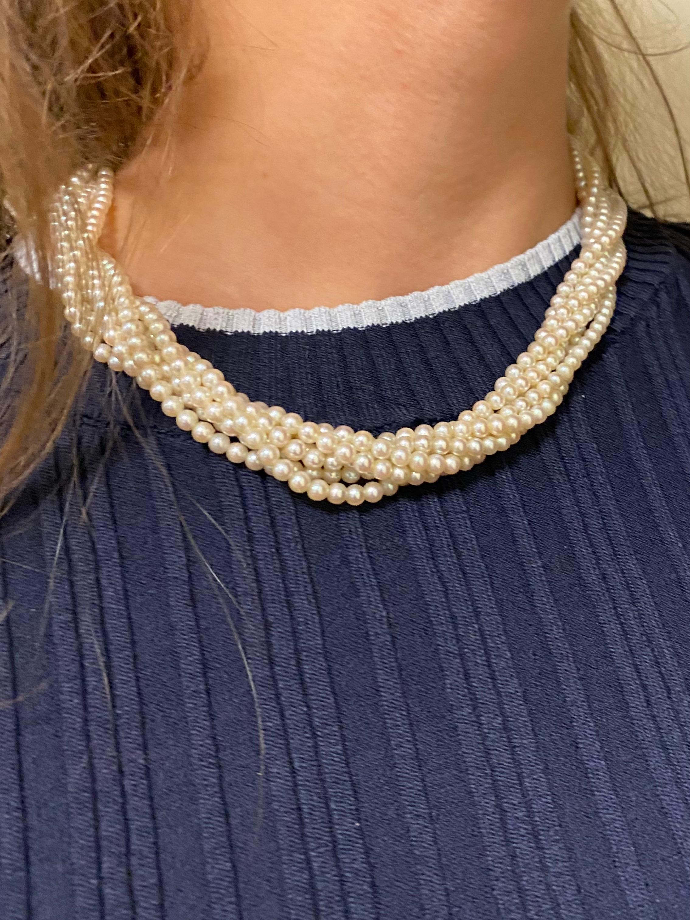 Women's or Men's 6 Row Cultured Pearls Necklace with 18K Yellow and White Gold Clasp