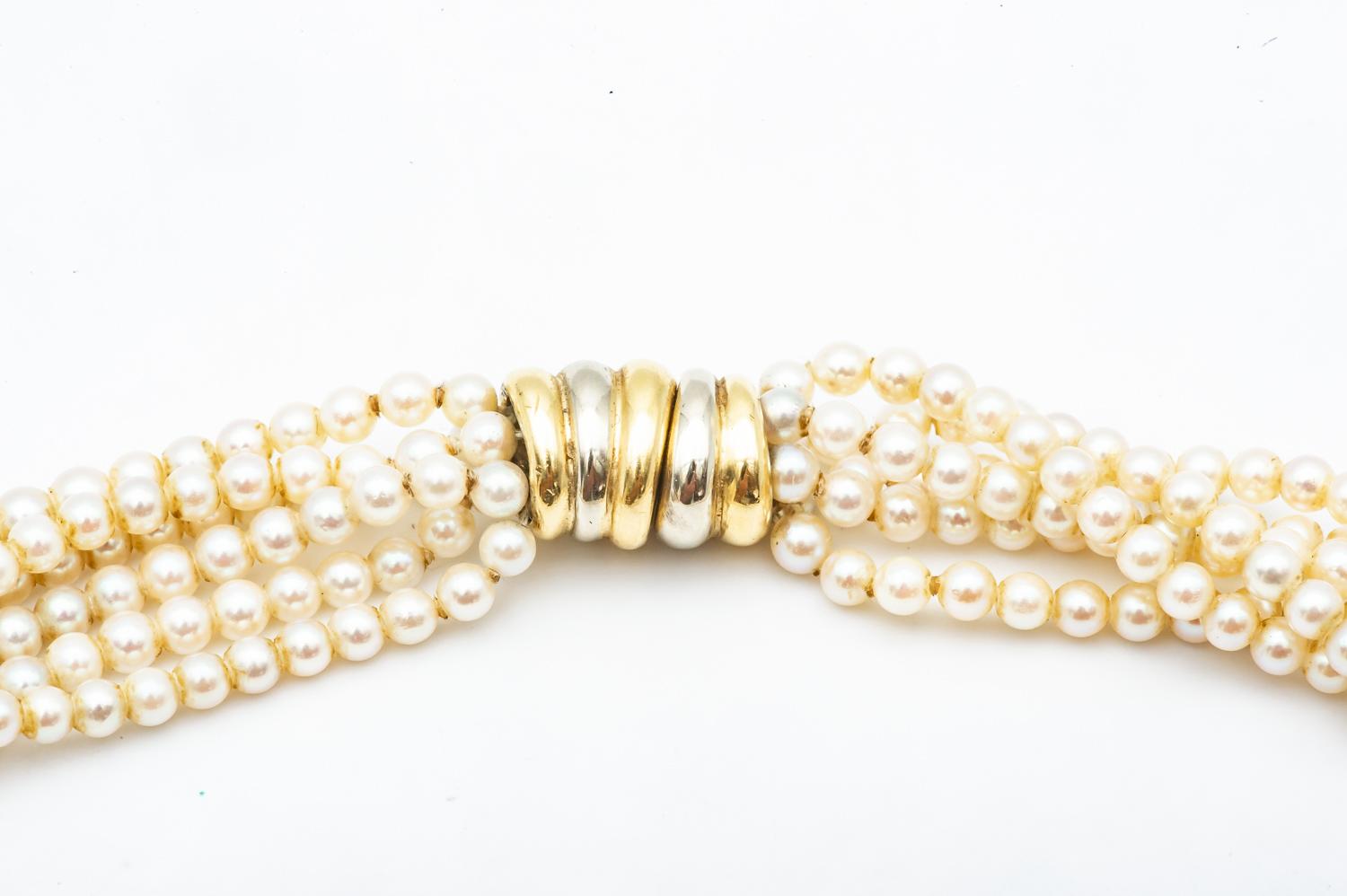 Art Deco 6 Row Cultured Pearls Necklace Yellow and White Gold 18 Karat For Sale