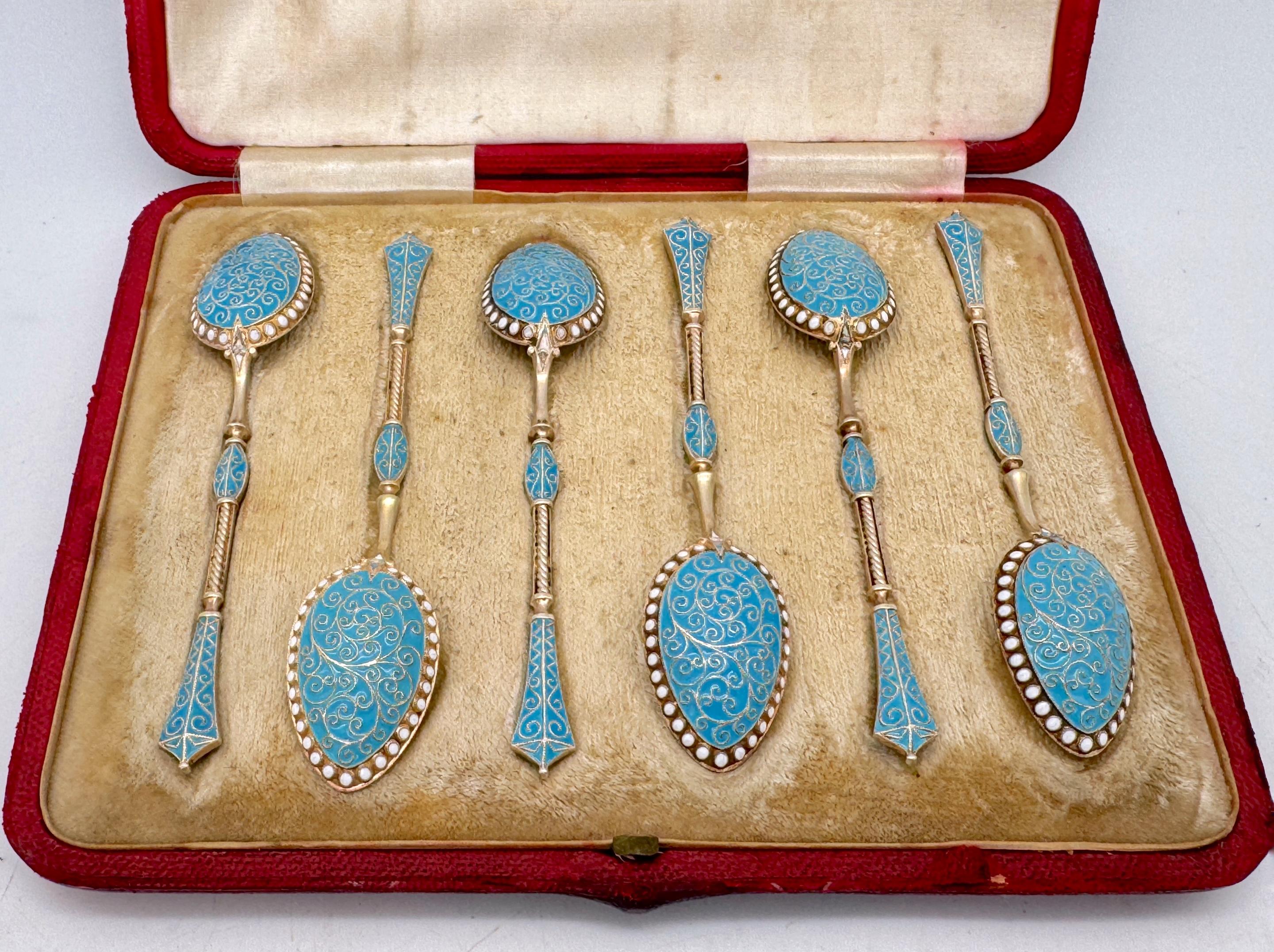 6 Cucharas de plata esmaltada estilo ruso, George Edward & Sons, Glasgow, 1888 Escocés en venta