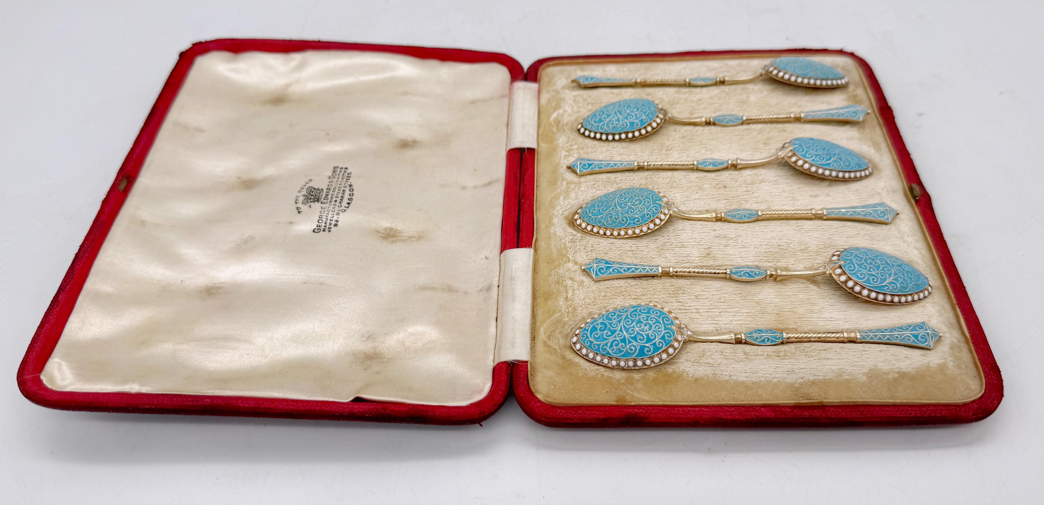 6 Cucharas de plata esmaltada estilo ruso, George Edward & Sons, Glasgow, 1888 en Bueno estado para la venta en West Palm Beach, FL