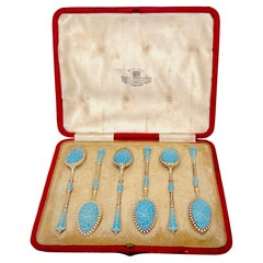 Antique 6 Russian Style Enamel Sterling Spoons, George Edward & Sons, Glasgow, 1888
