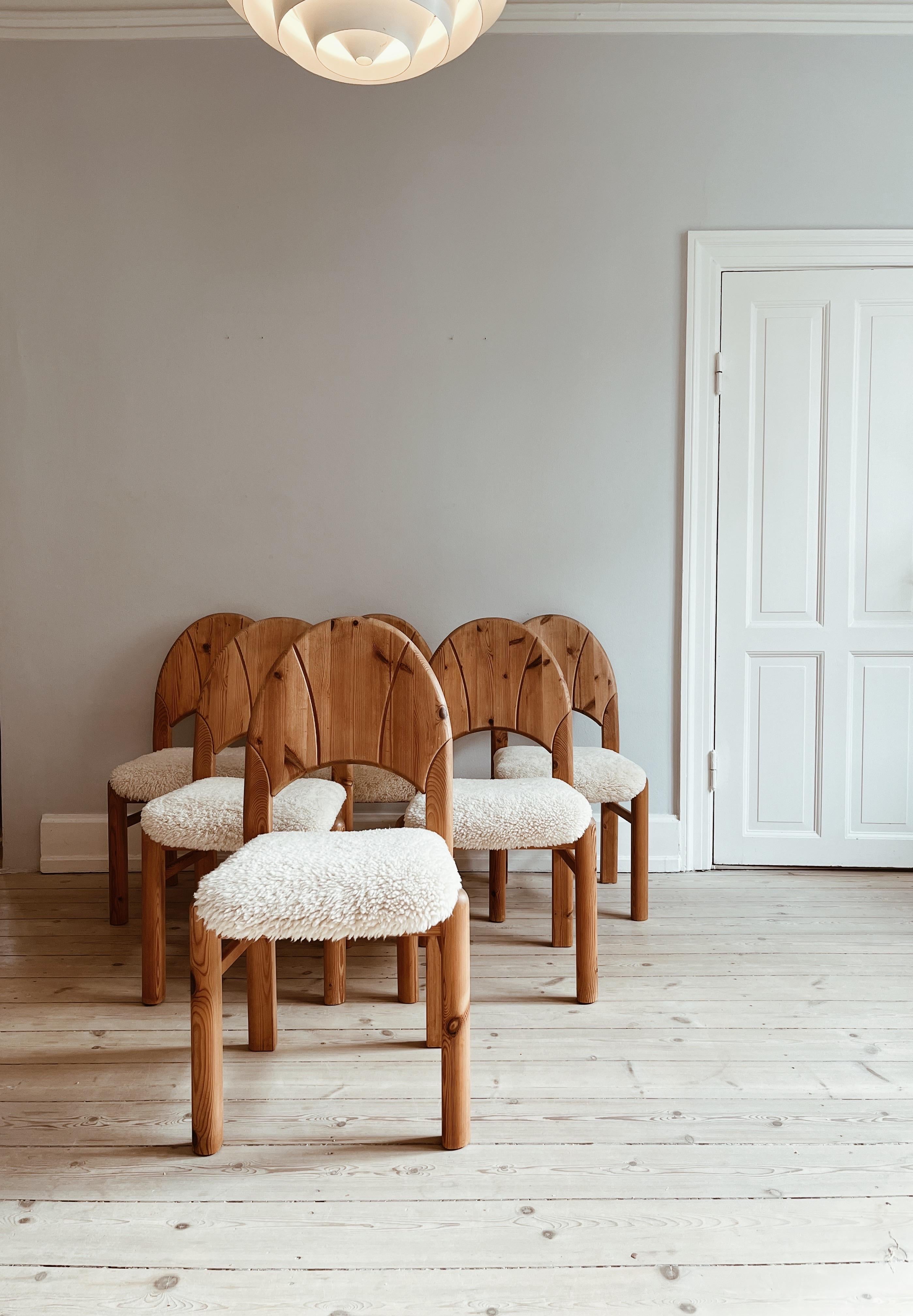 Danish 6 scandinavian dining chairs in pine and lamb wool