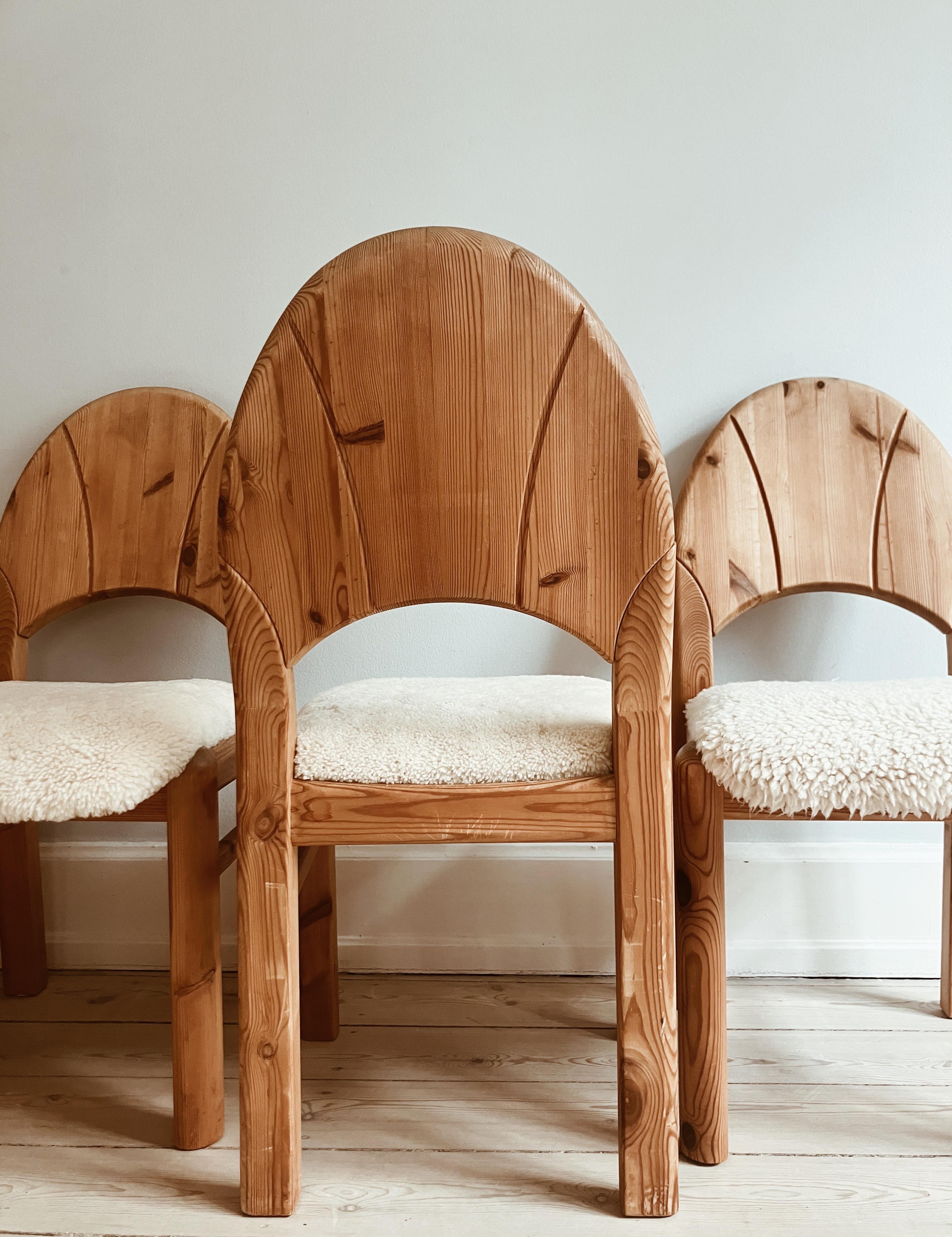6 scandinavian dining chairs in pine and lamb wool 1