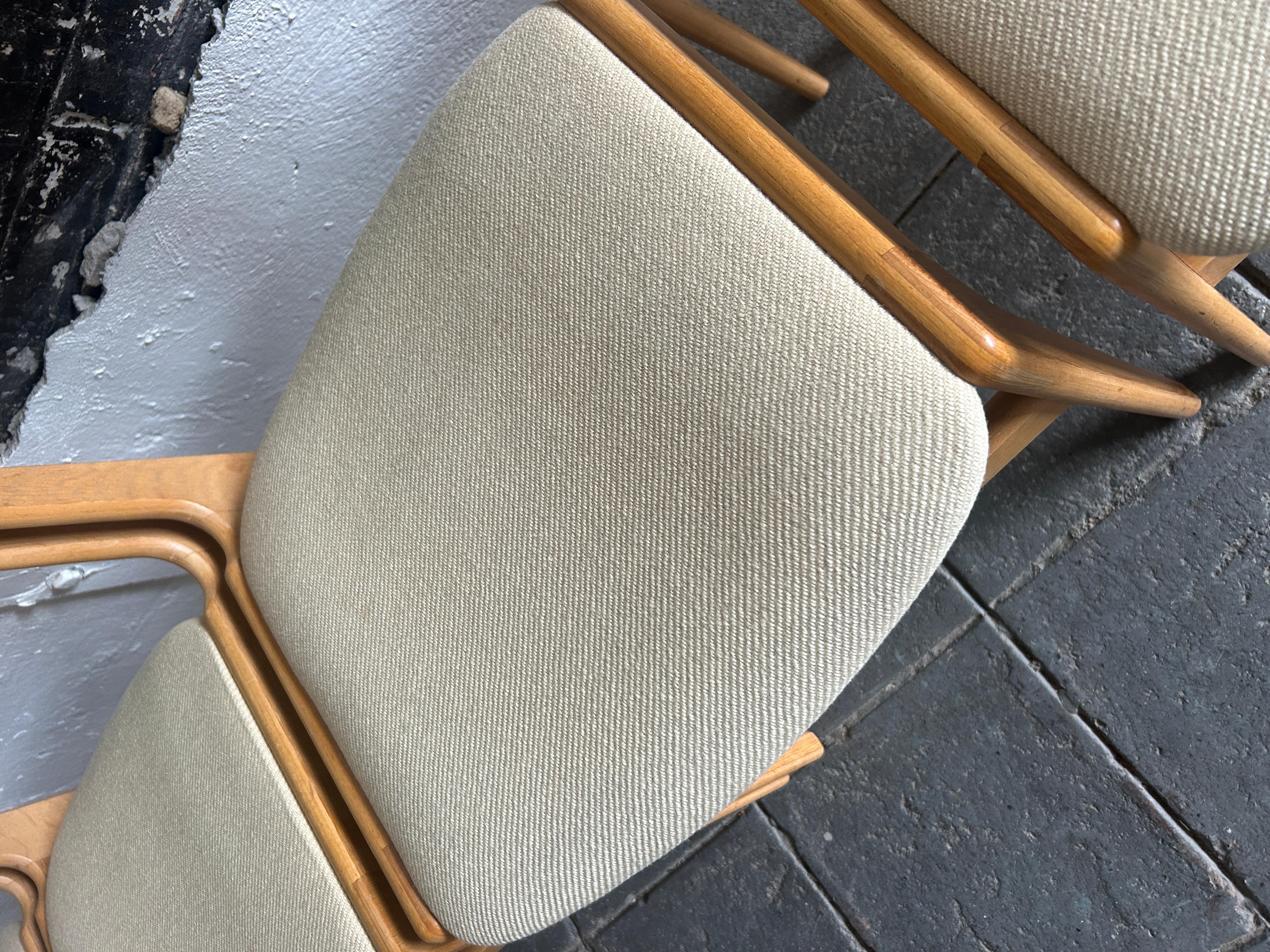 Danish 6 Scandinavian modern white oak dining chairs tan upholstery  For Sale