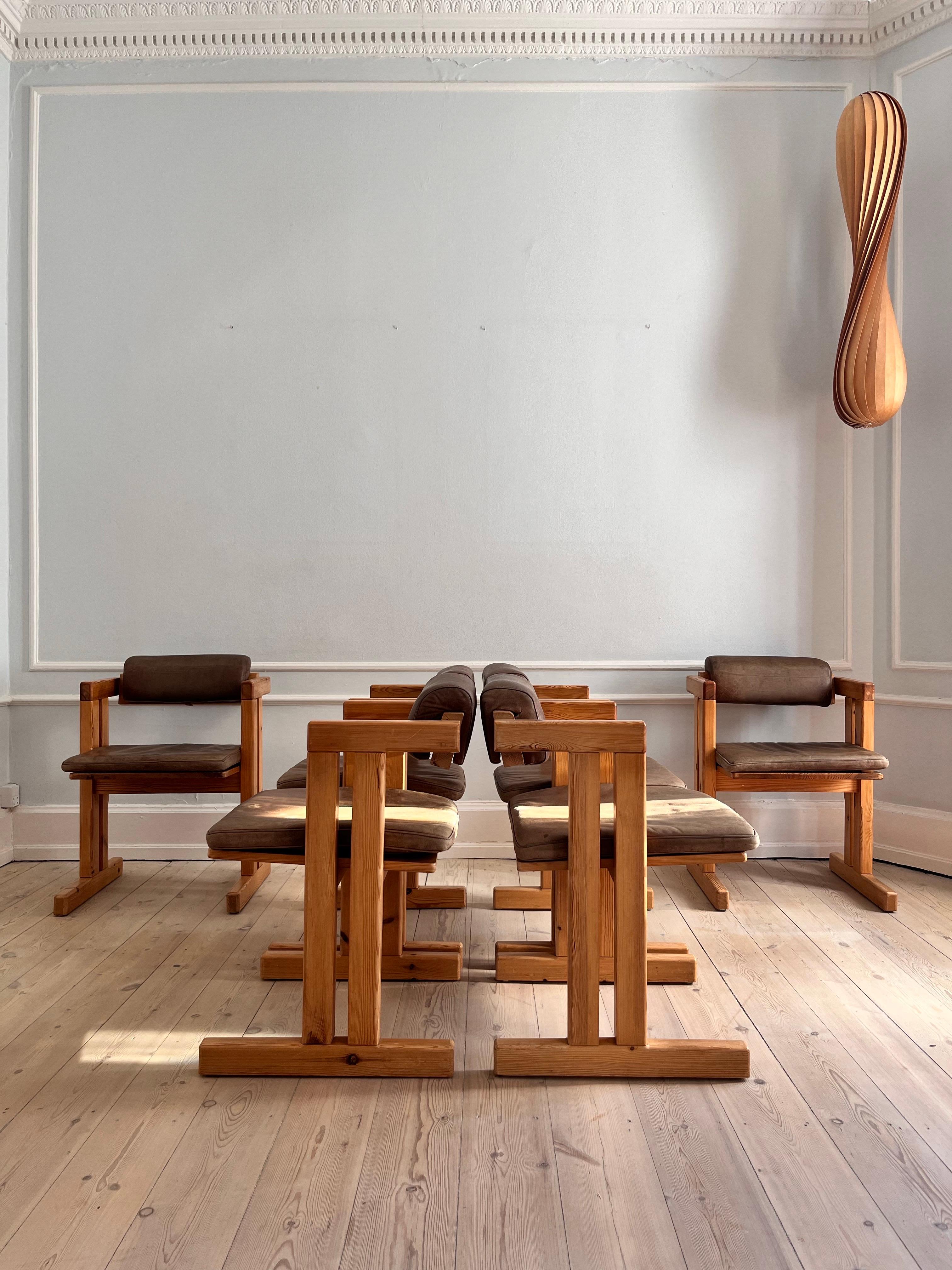 Danish 6 Scandinavian pine dining chairs with back and seat cushions in Buffalo leather