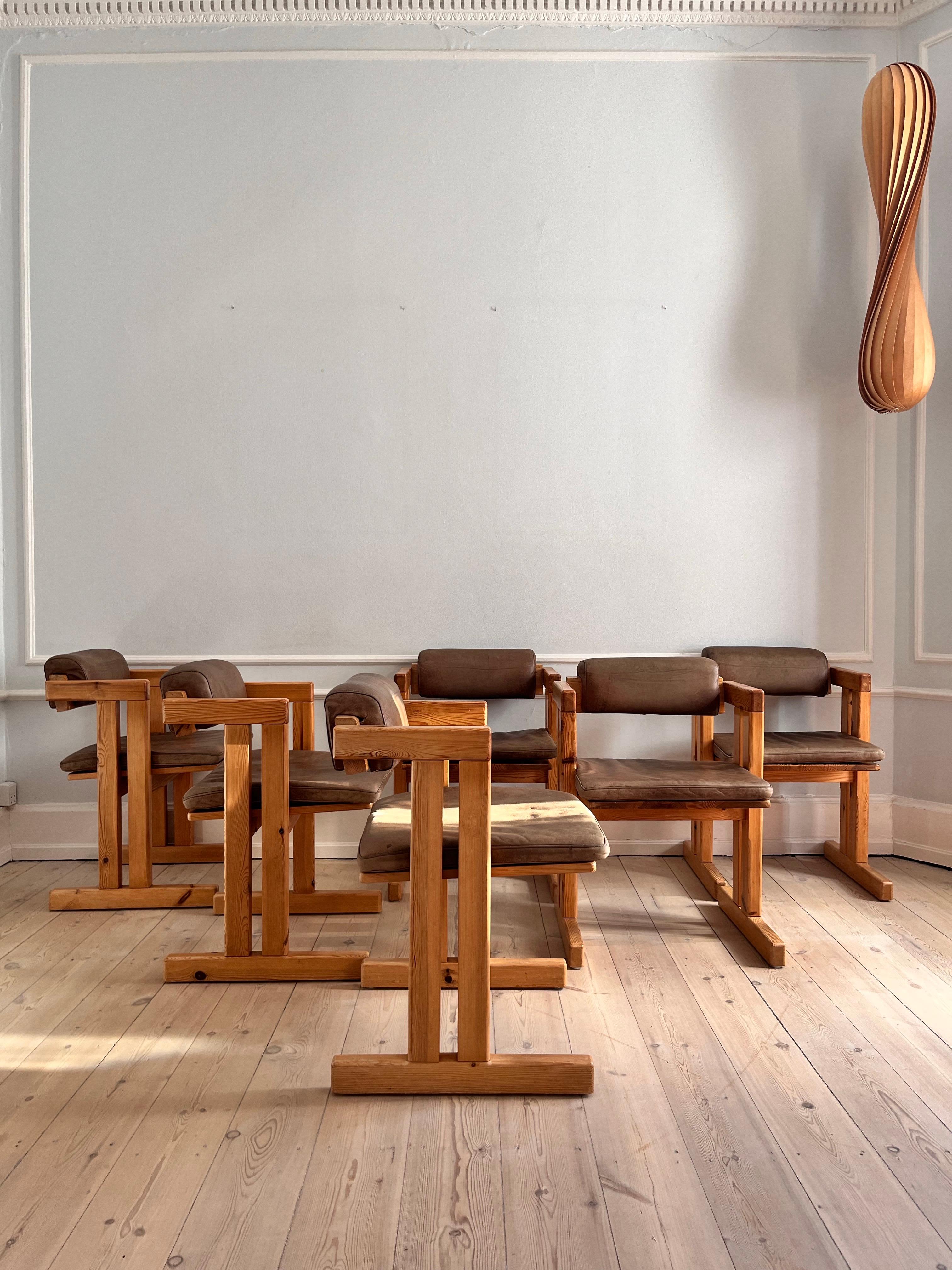 Hand-Carved 6 Scandinavian pine dining chairs with back and seat cushions in Buffalo leather