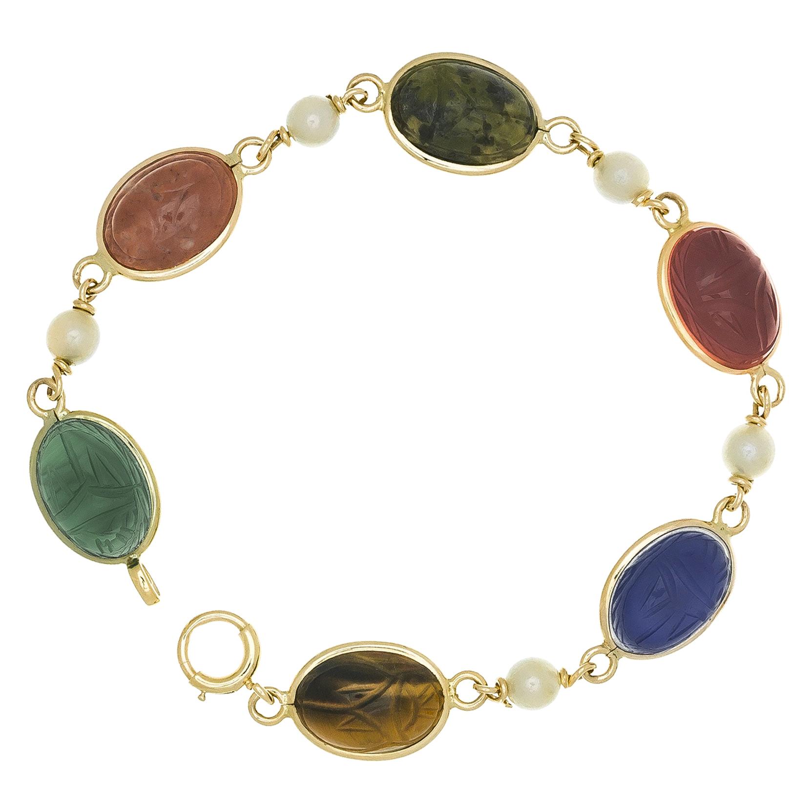 6 Scarab Cultured Pearl Yellow Gold Link Bracelet