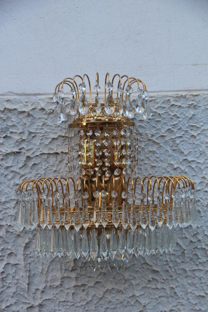 Mid-Century Modern 6 Sconces Gold-Plated Swarovski Crystall Italian Design 1970s Cascade of Crystal For Sale