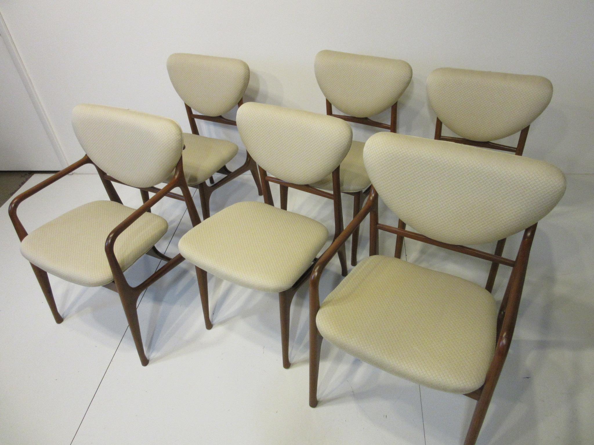 6 Sculptural Wood and Upholstered Dining Chairs in the style of Finn Juhl 7