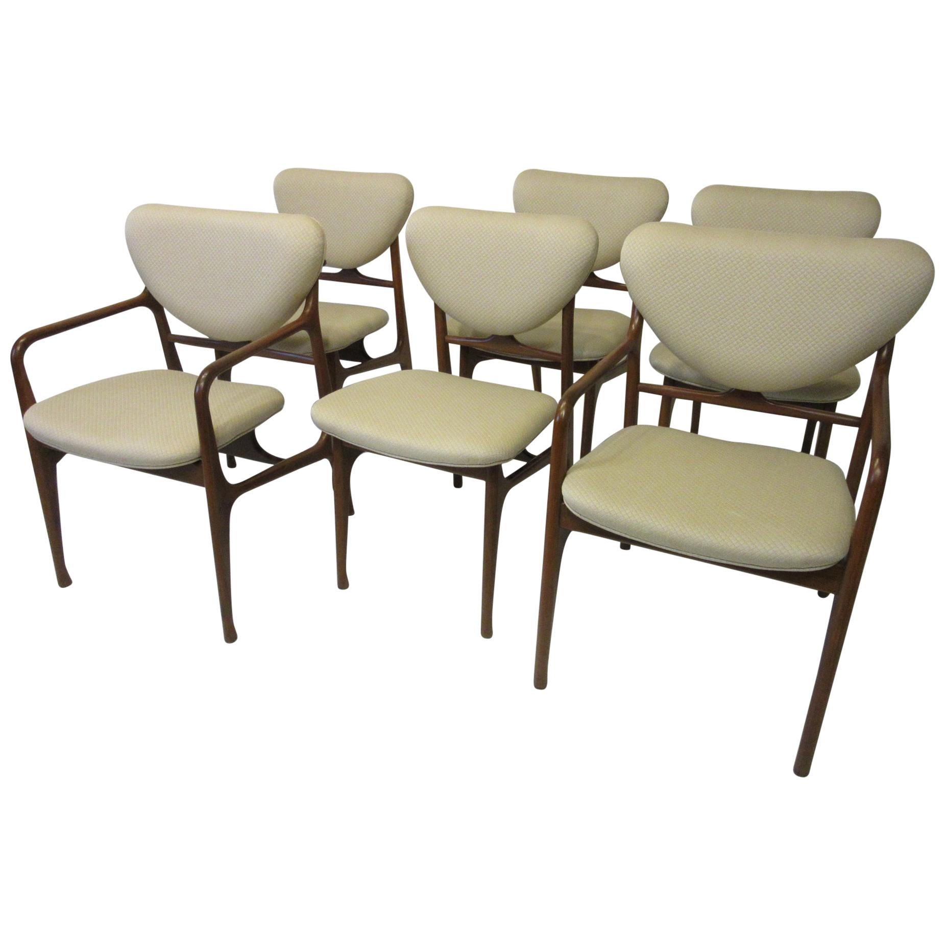 6 Sculptural Wood and Upholstered Dining Chairs in the style of Finn Juhl