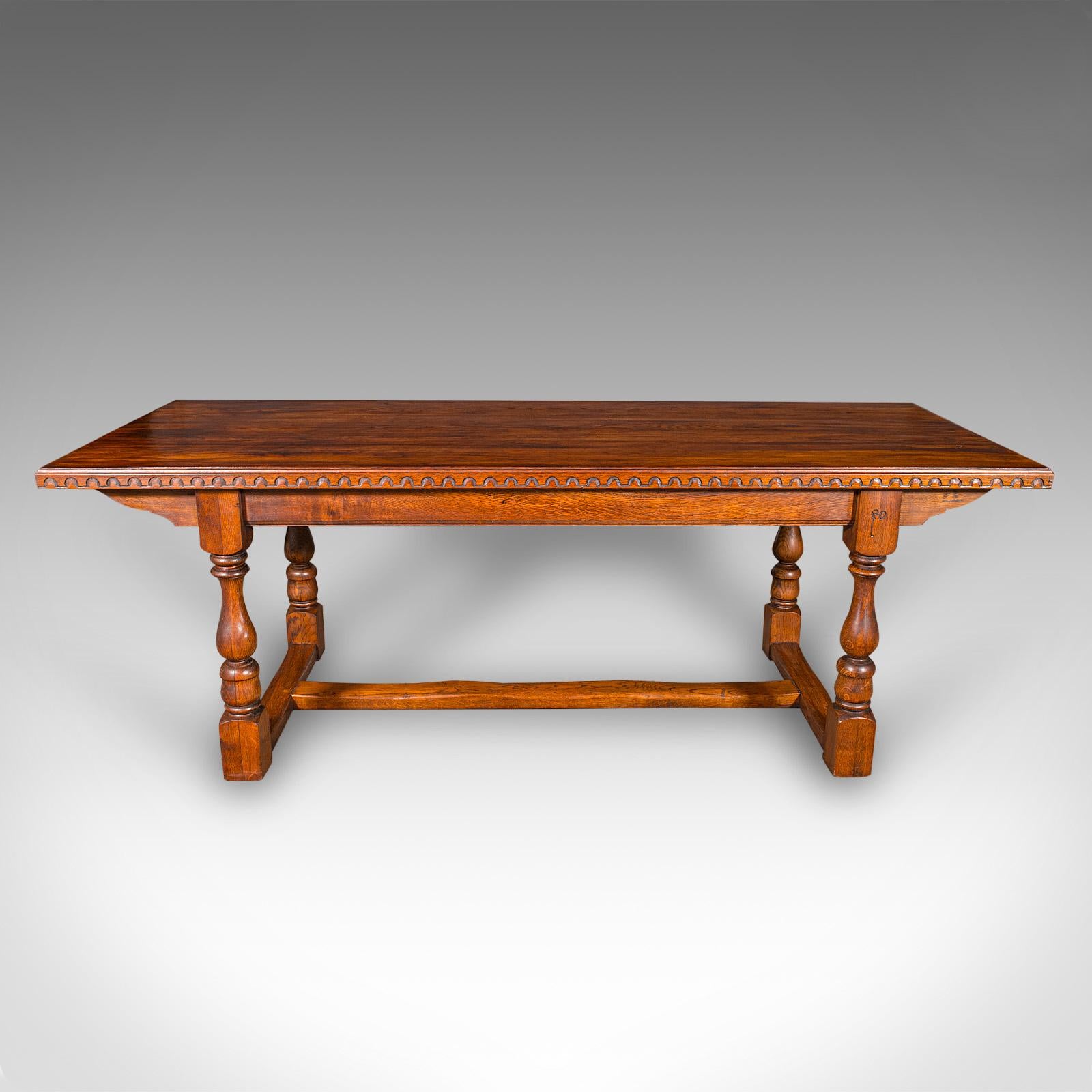 This is a large antique dining table. An English, oak country kitchen refectory table for six guests, dating to the Edwardian period, circa 1910.

Grand Edwardian refectory table, ideal for family dining or entertaining six guests
Quality oak stocks