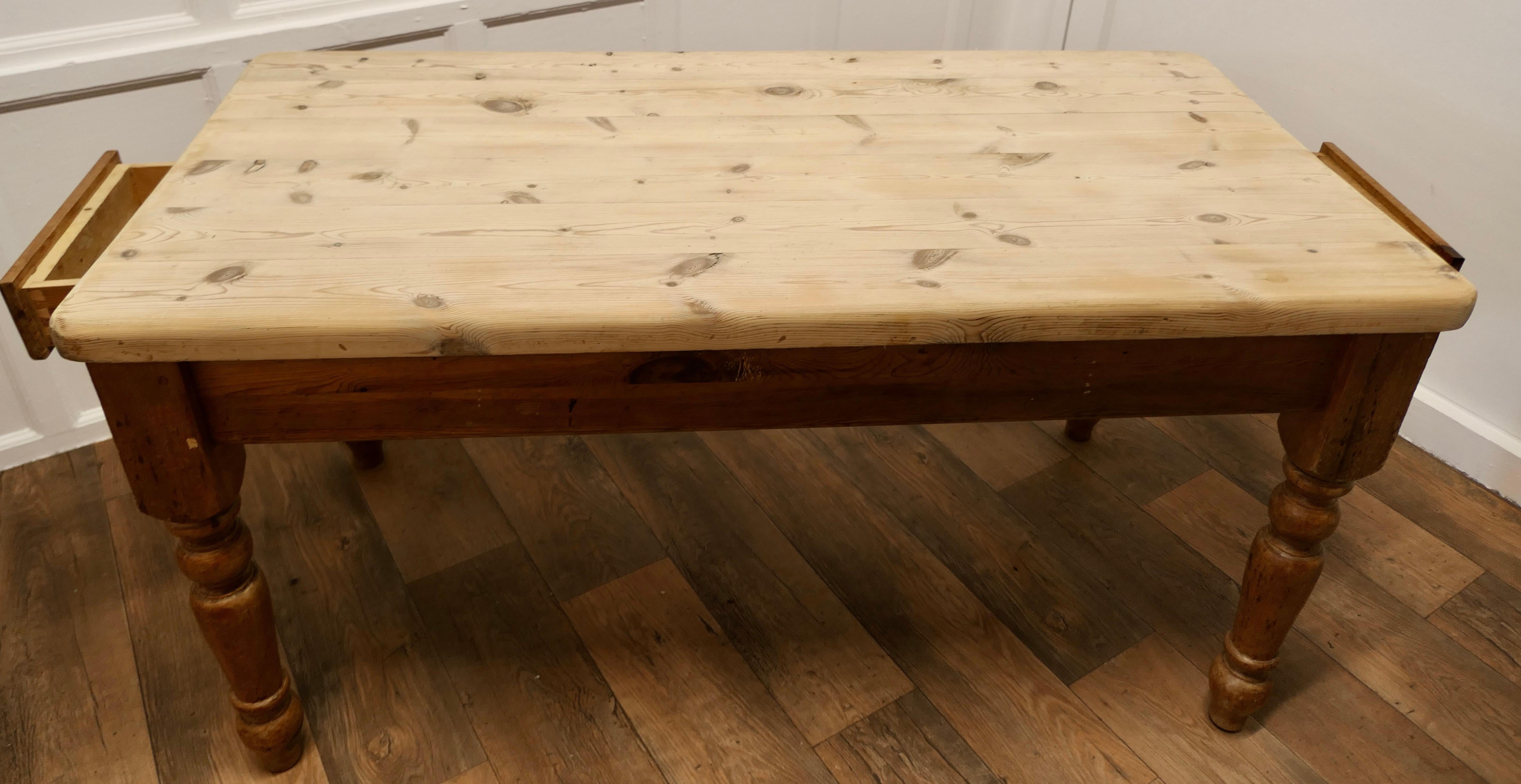 6 Seater thick top farmhouse pine table.

This is a good Rustic Farmhouse table, it has a thick top which has been cleaned back to the wood, if required we can have the top polished, the table has chunky turned legs and a drawer at each end

The