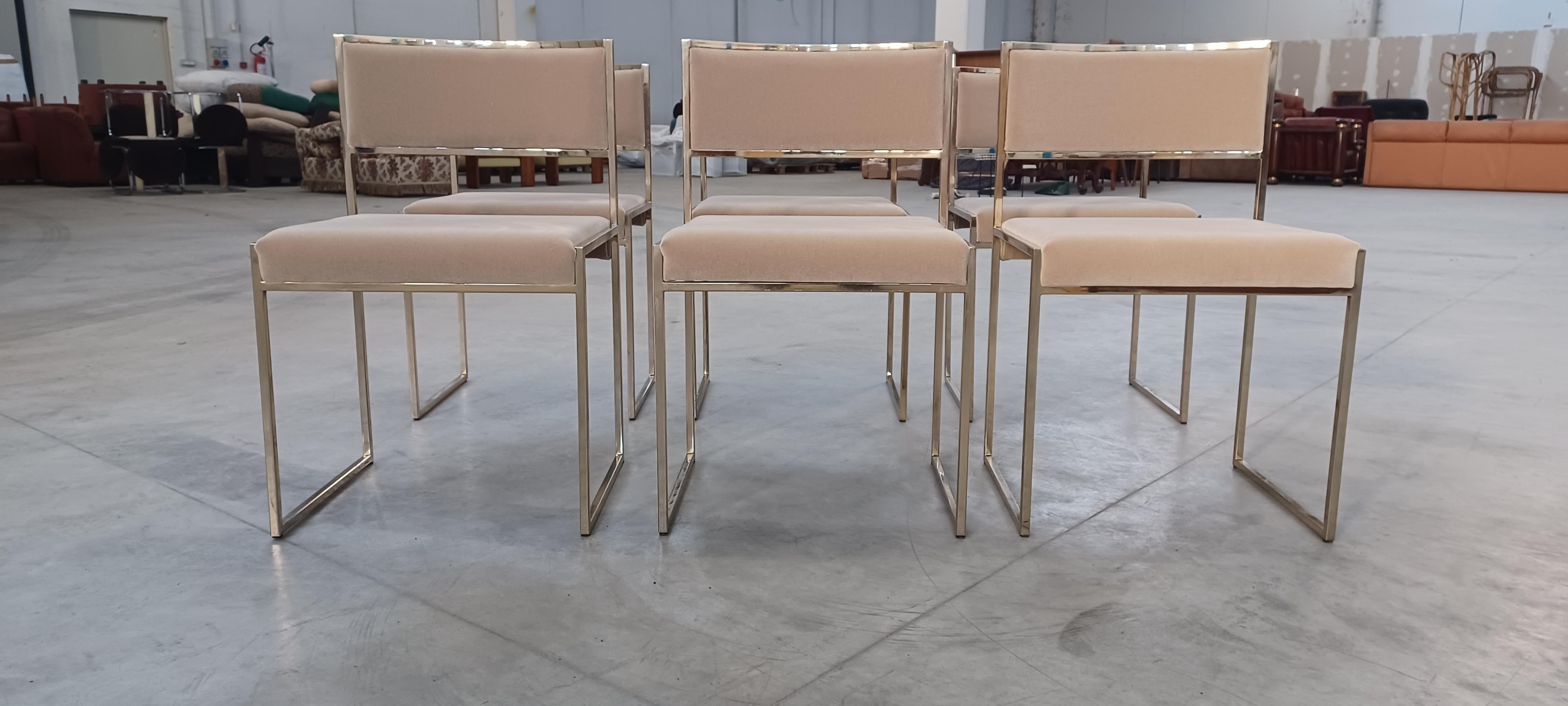 Set of 6 chairs designed by Willy Rizzo and produced by Mario Sabot 1970s.
Brass-plated metal frame in good condition.  Velvet fabric replaced. 