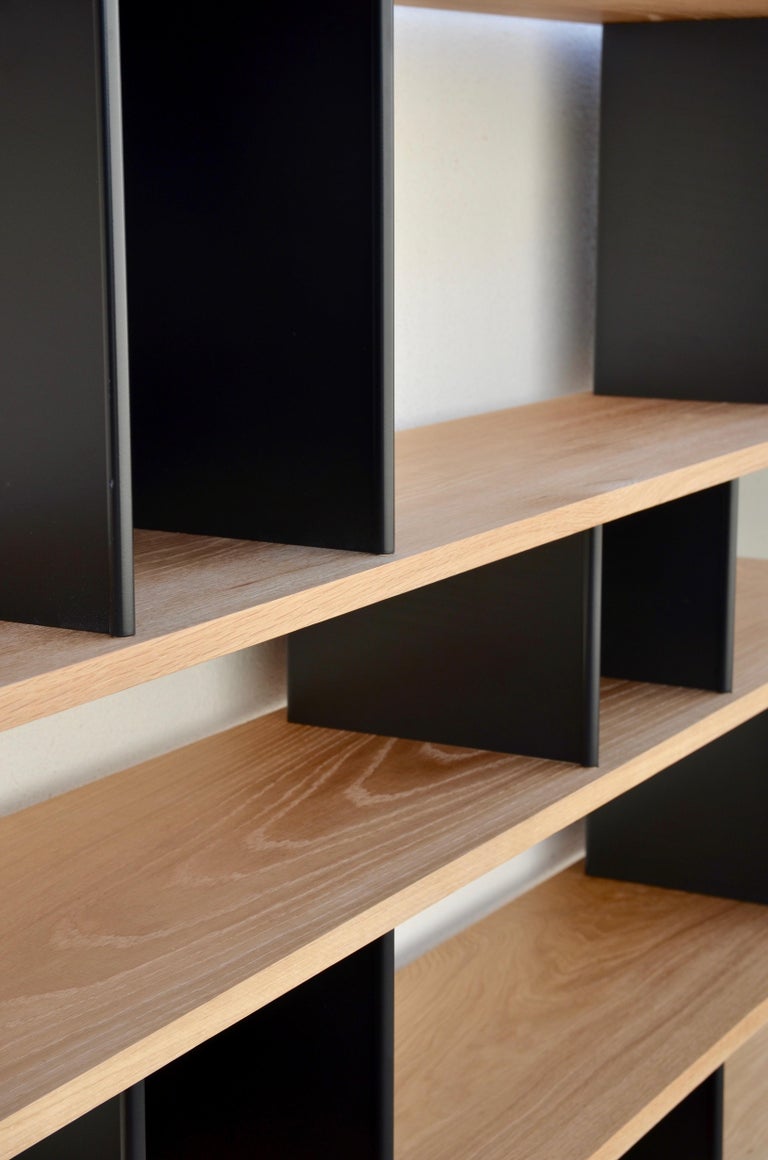 6 Shelves Black Steel 'Horizontale' Oak Shelving Unit by Design Frères