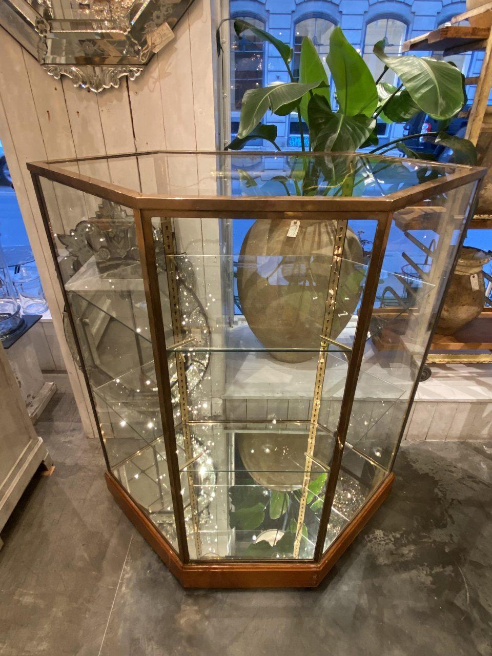 Brass 6 Sided Display Display Cabinet-Old Boutique Inventory-French Early 20th Century