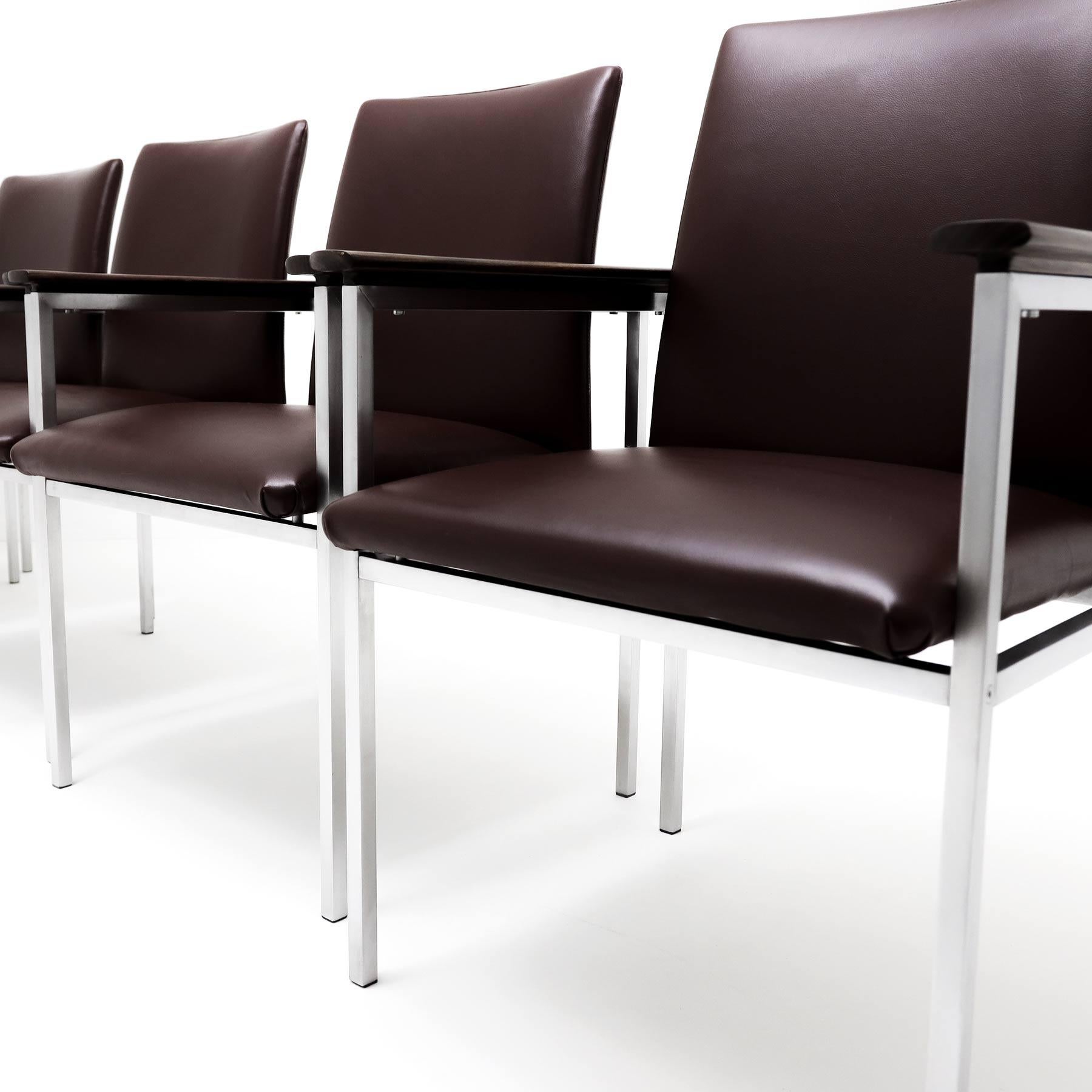 6 Sigvard Bernadotte H-line chairs in brushed steel, Walnut and leather For Sale 3