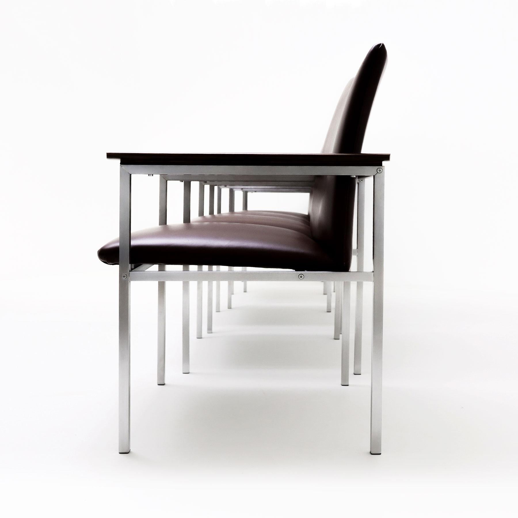 6 Sigvard Bernadotte H-line chairs in brushed steel, Walnut and leather For Sale 4