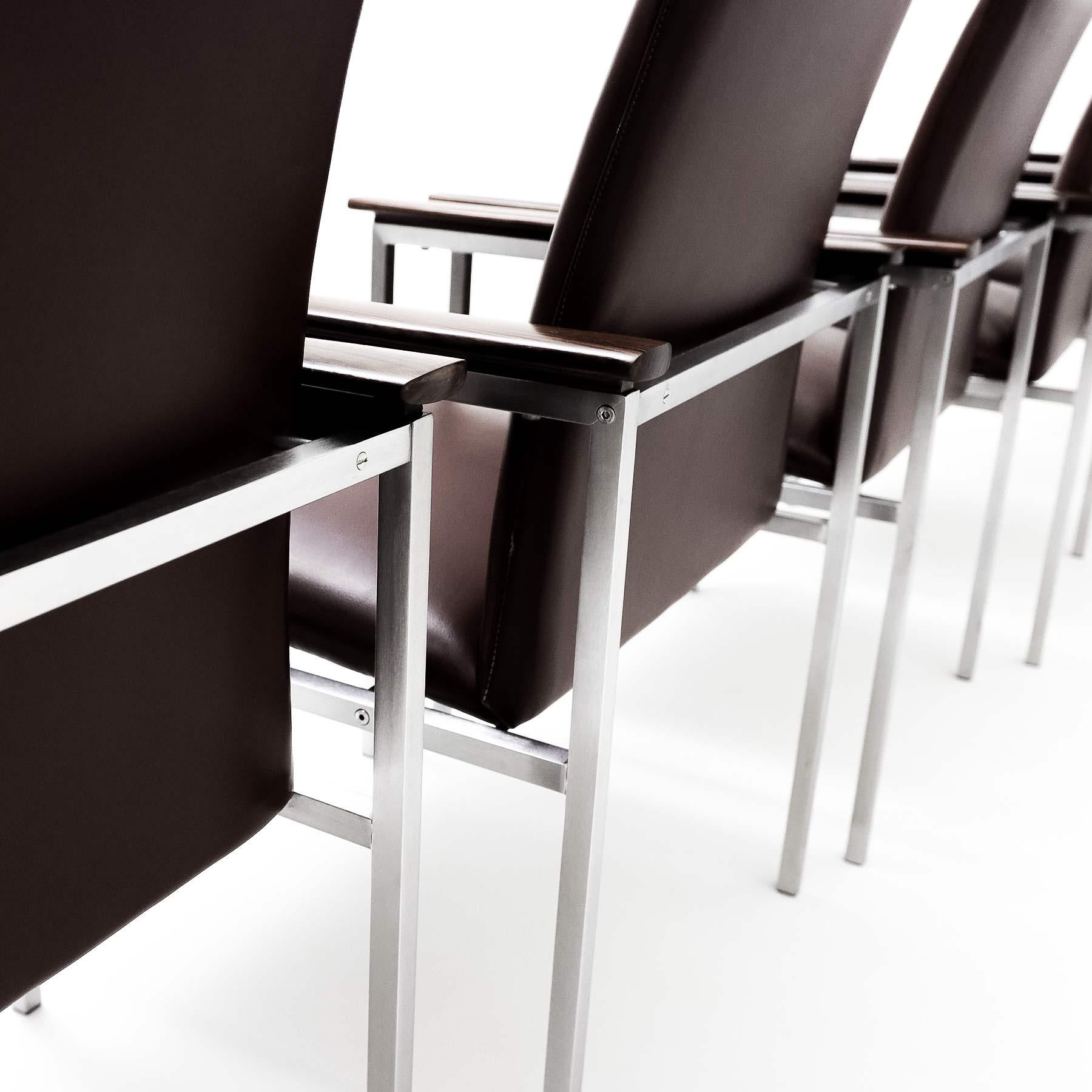 6 Sigvard Bernadotte H-line chairs in brushed steel, Walnut and leather 5