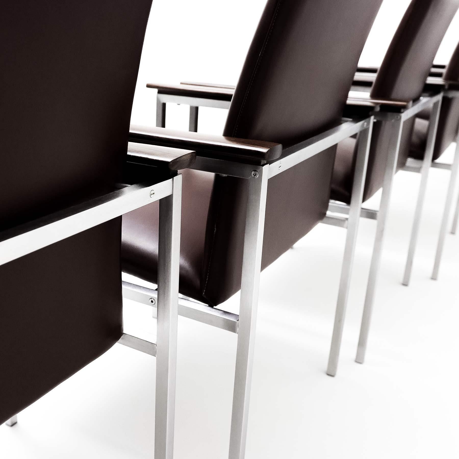 6 Sigvard Bernadotte H-line chairs in brushed steel, Walnut and leather For Sale 5