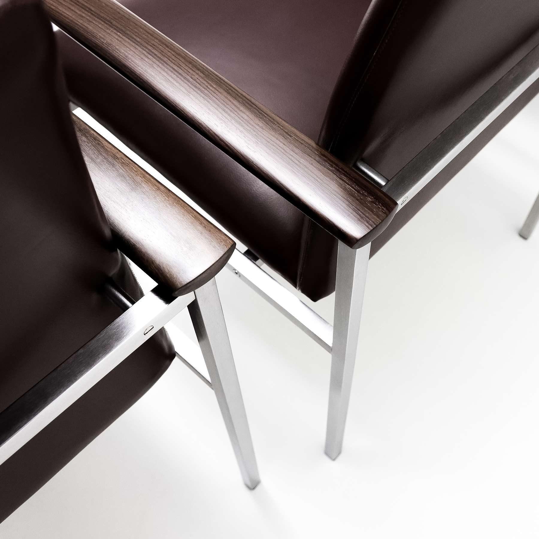 6 Sigvard Bernadotte H-line chairs in brushed steel, Walnut and leather For Sale 6