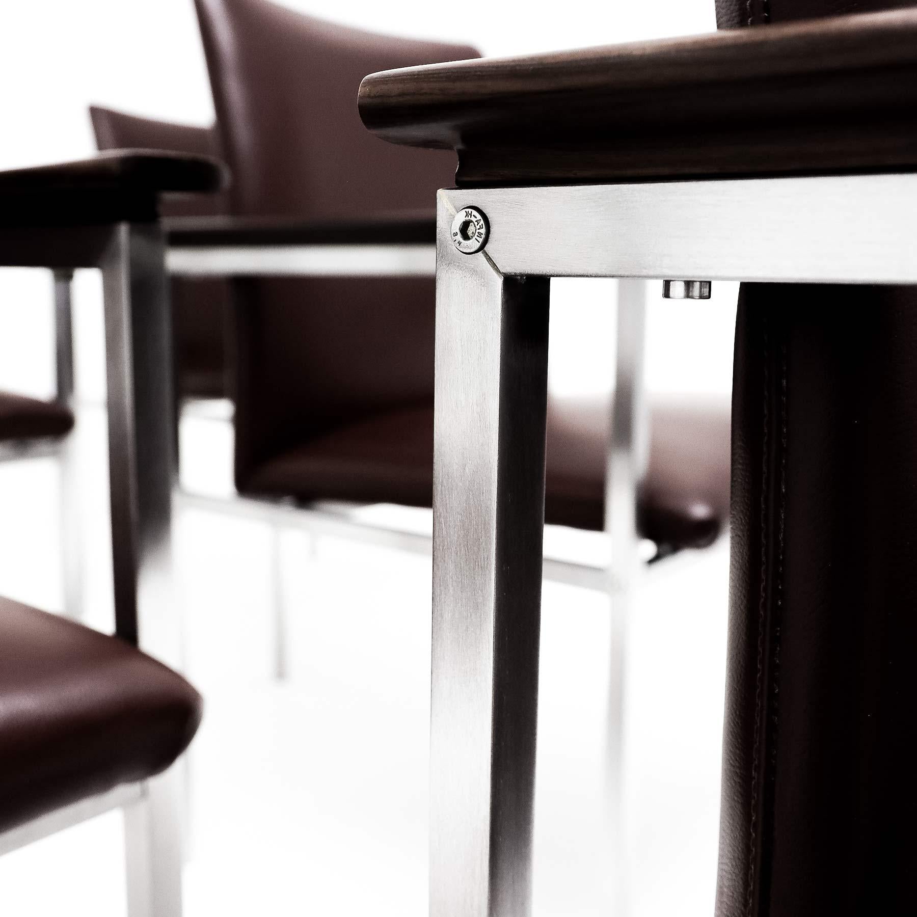 6 Sigvard Bernadotte H-line chairs in brushed steel, Walnut and leather For Sale 7