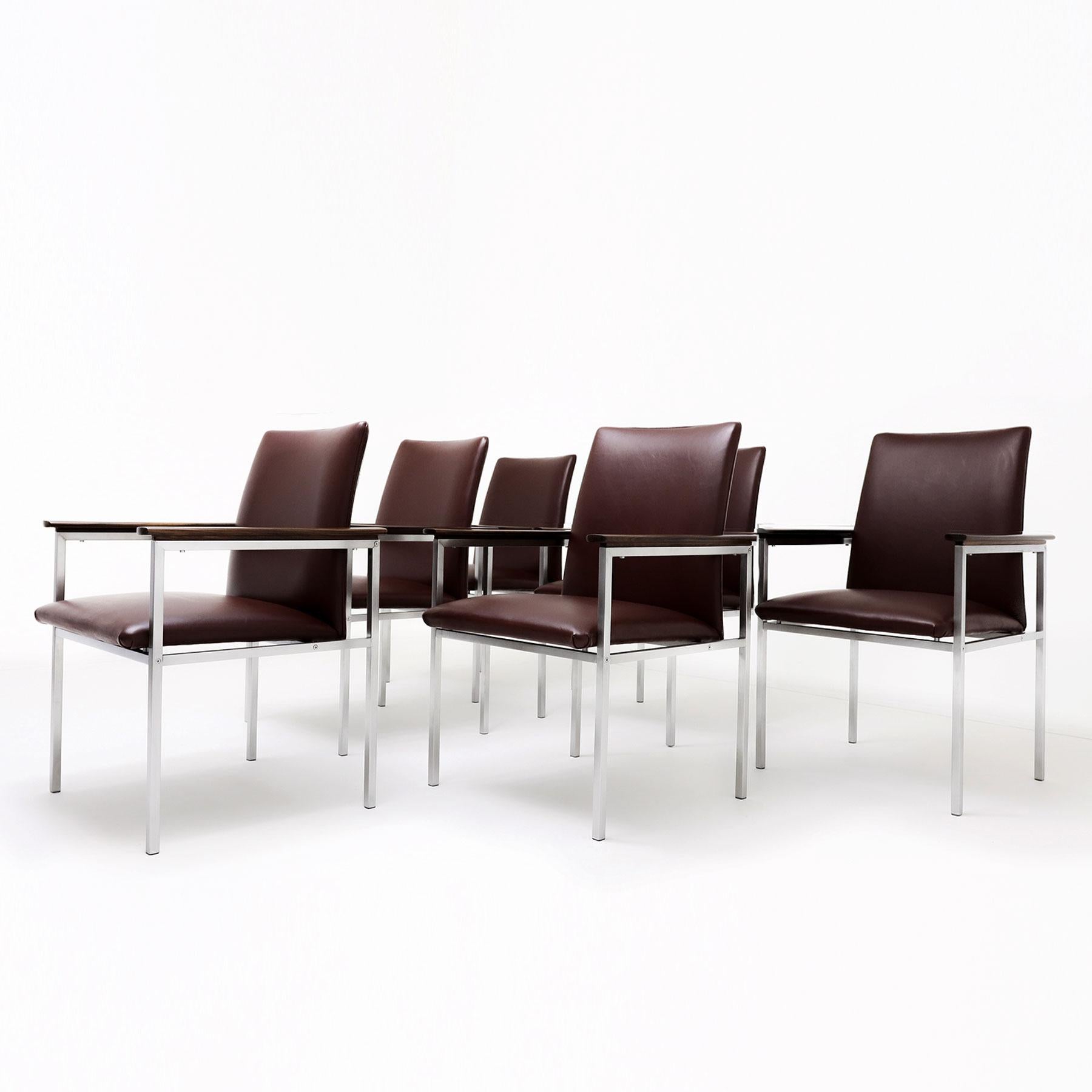 Danish 6 Sigvard Bernadotte H-line chairs in brushed steel, Walnut and leather For Sale