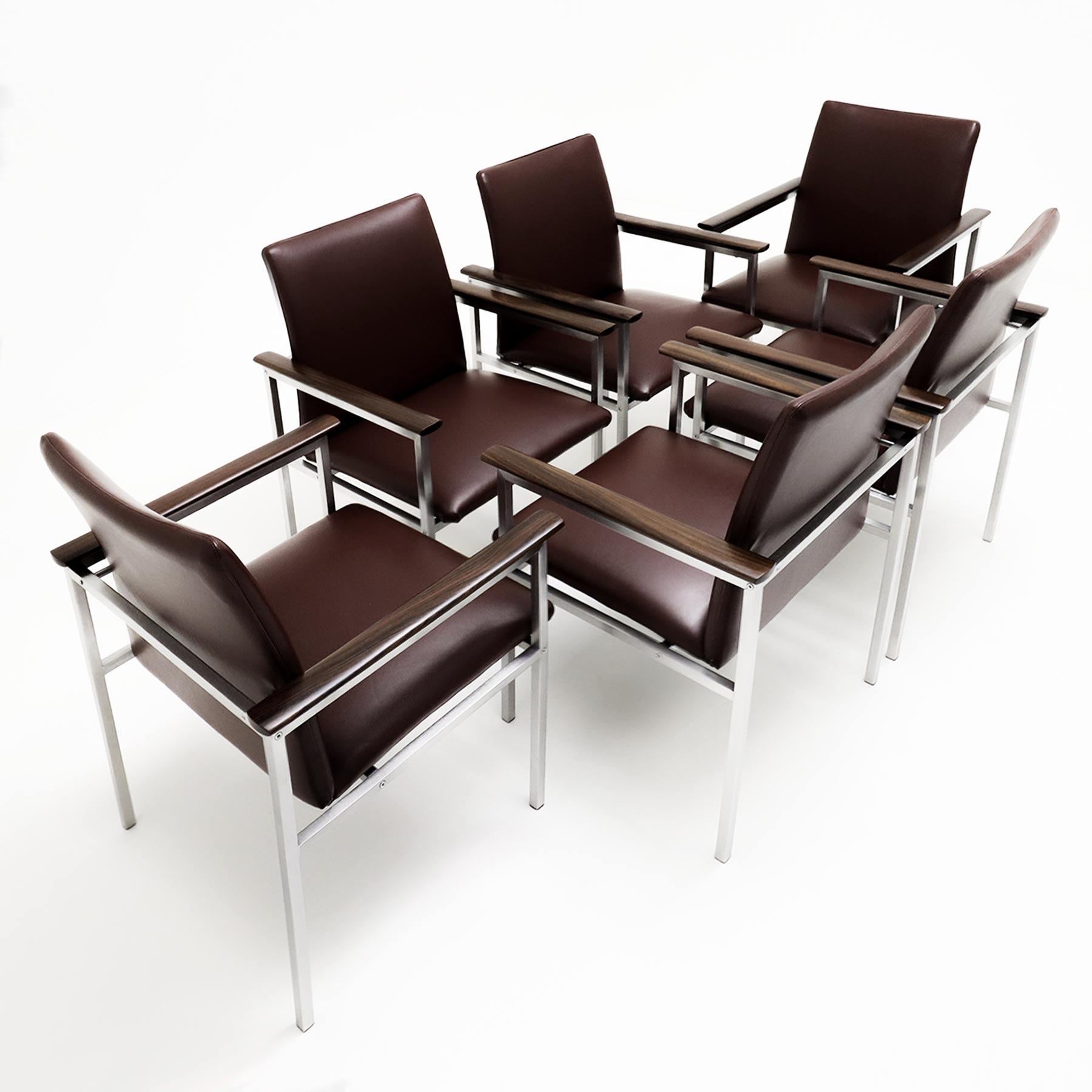 Mid-20th Century 6 Sigvard Bernadotte H-line chairs in brushed steel, Walnut and leather For Sale